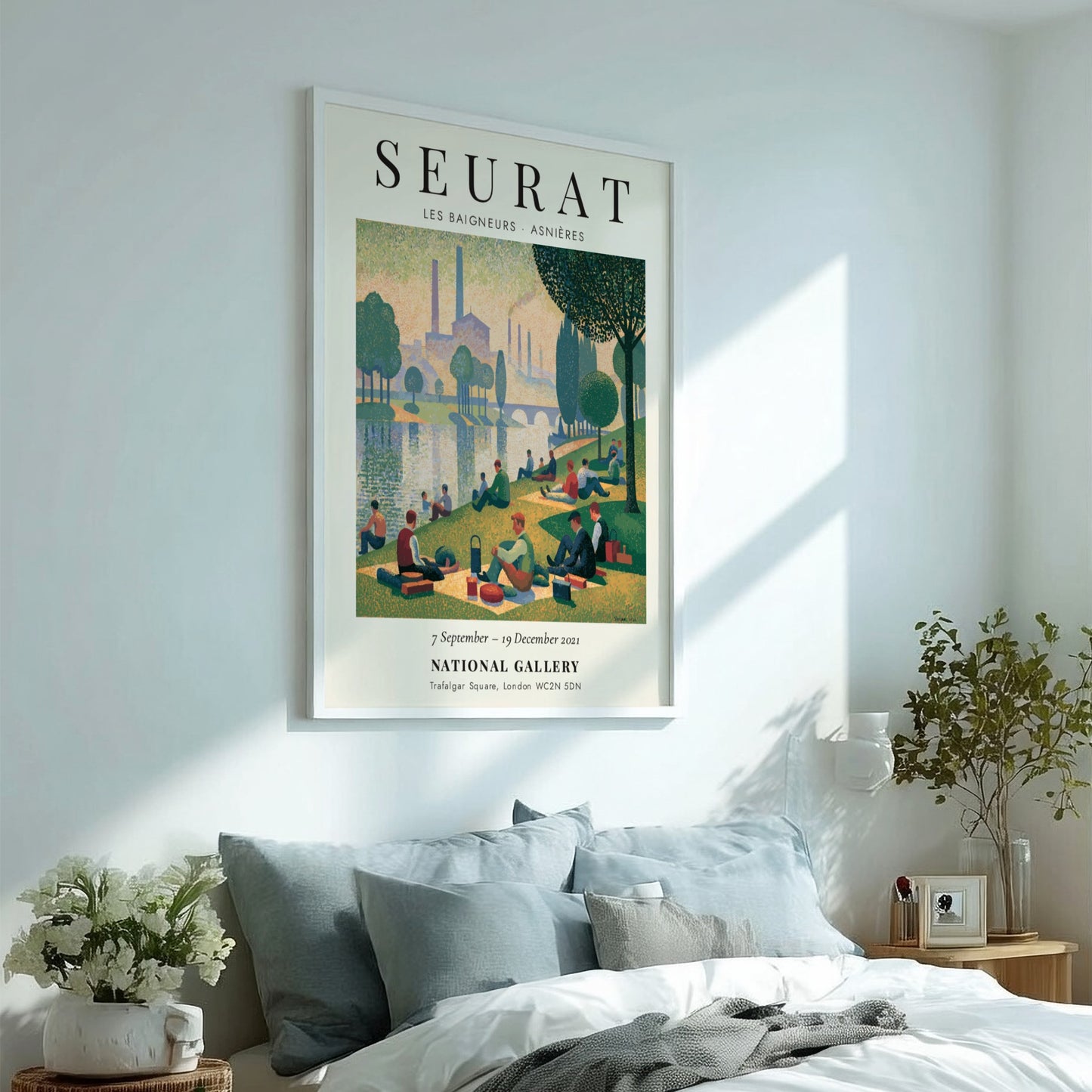 Seurat exhibition poster featuring Les Baigneurs - Asnières with serene riverside scene and soft colors
