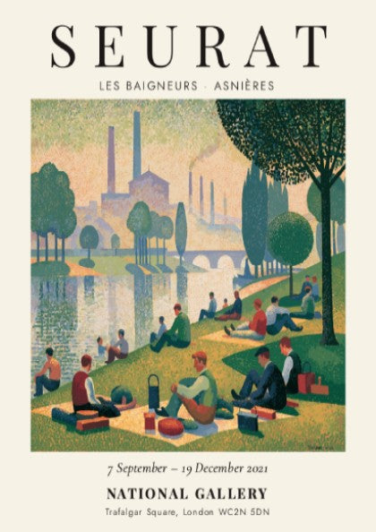 Seurat exhibition poster featuring Les Baigneurs - Asnières with serene riverside scene and soft colors