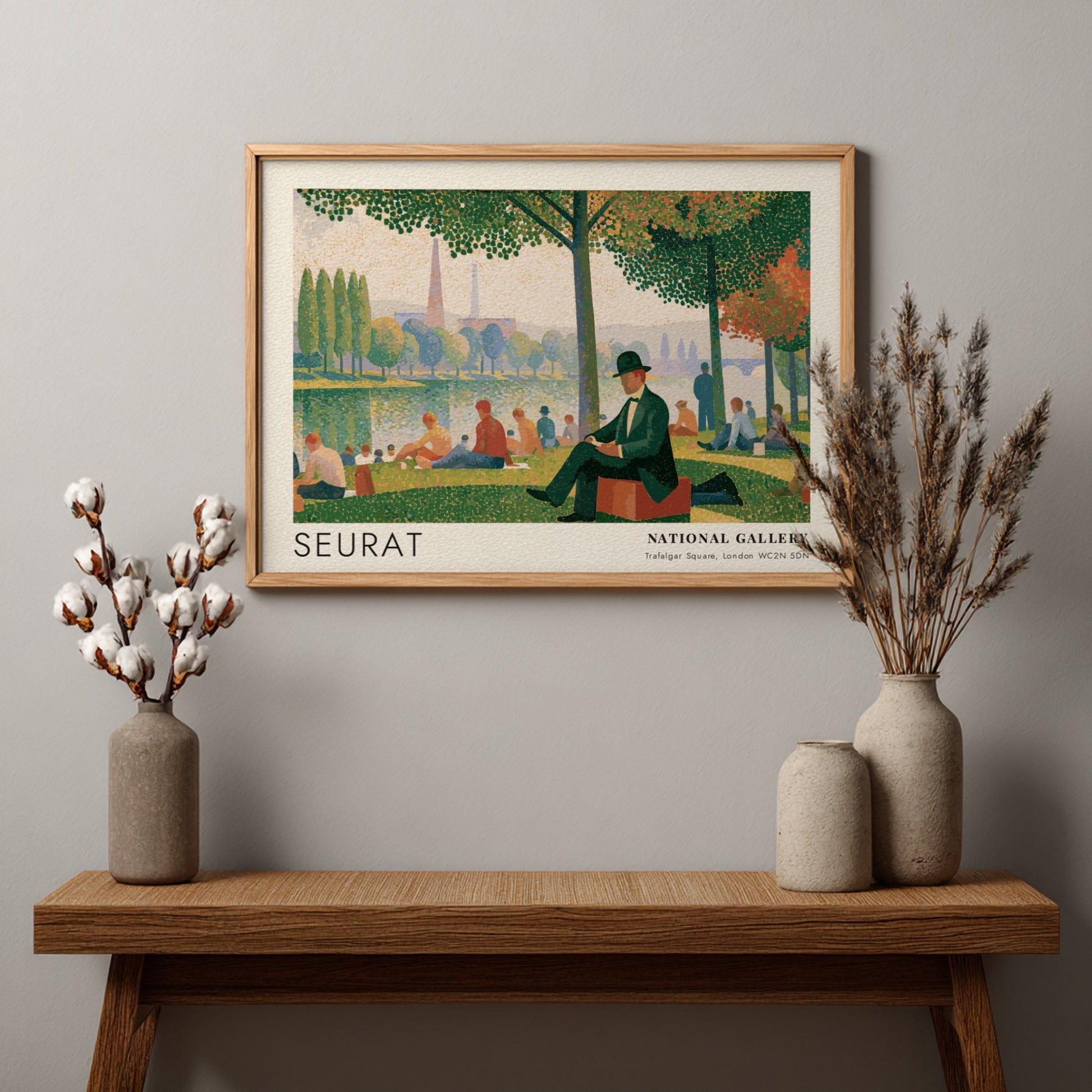 Wall art poster of Seurat Bathers at Asnières featuring figures by the riverbank.