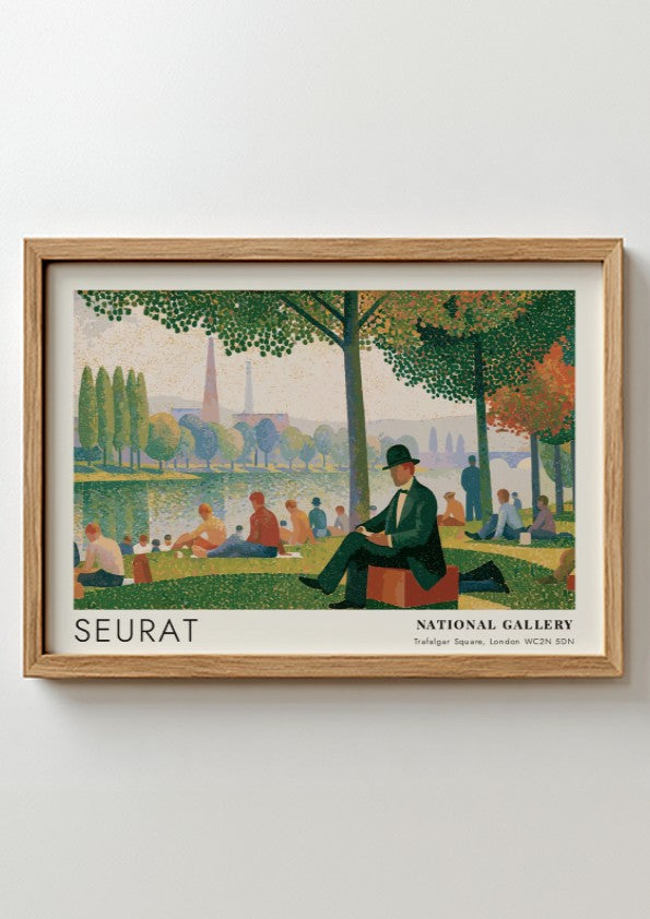 Wall art poster of Seurat Bathers at Asnières featuring figures by the riverbank.