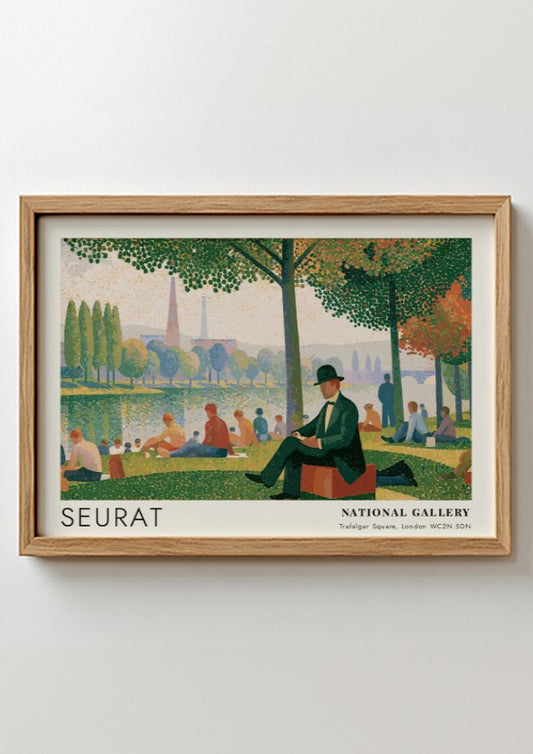 Wall art poster of Seurat Bathers at Asnières featuring figures by the riverbank.