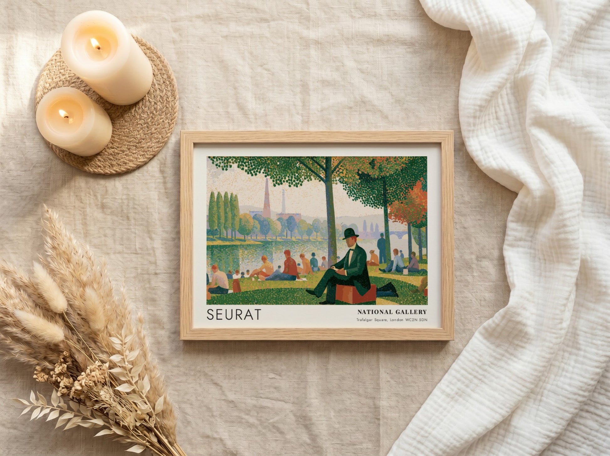 Wall art poster of Seurat Bathers at Asnières featuring figures by the riverbank.