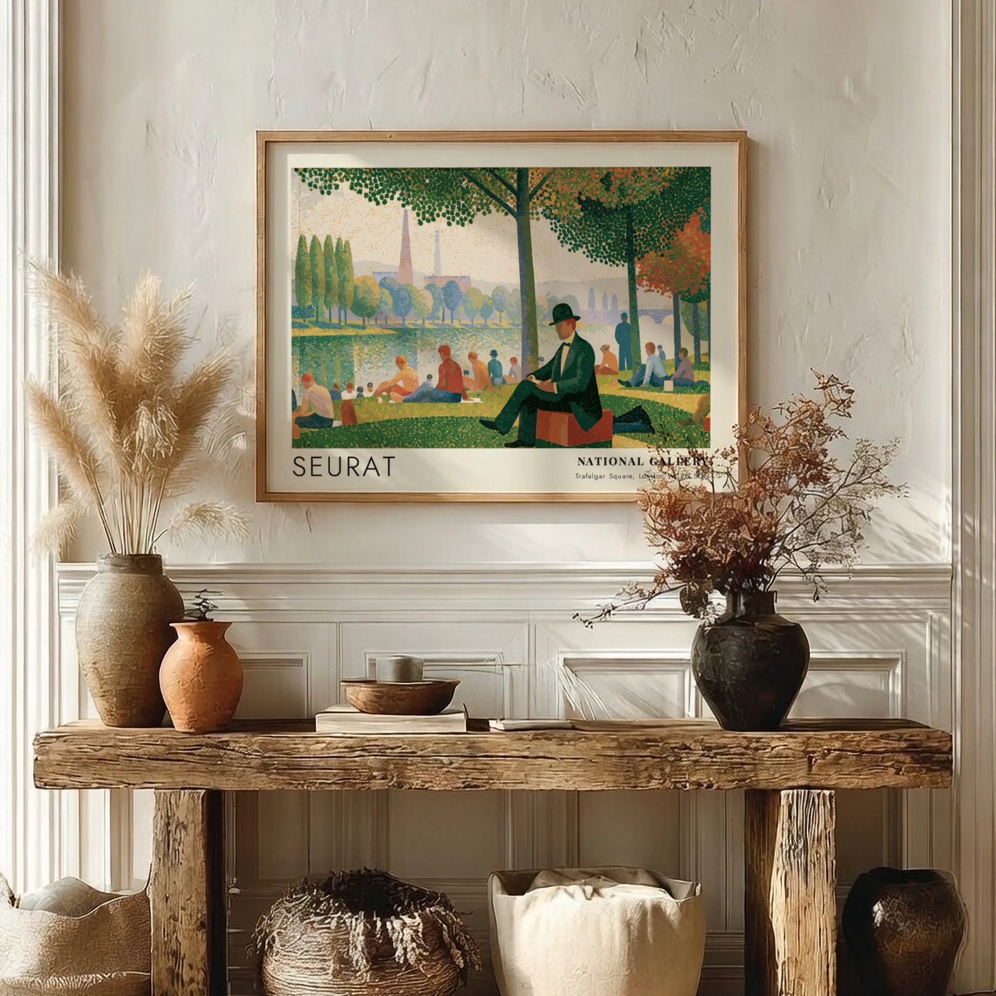 Wall art poster of Seurat Bathers at Asnières featuring figures by the riverbank.