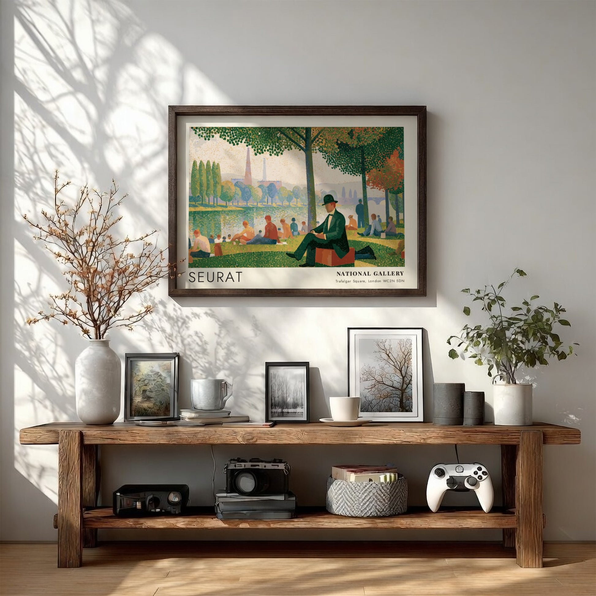 Wall art poster of Seurat Bathers at Asnières featuring figures by the riverbank.