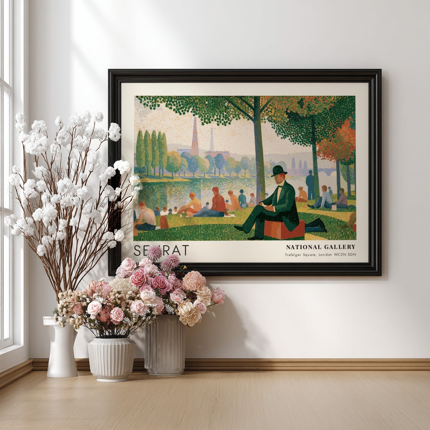 Wall art poster of Seurat Bathers at Asnières featuring figures by the riverbank.