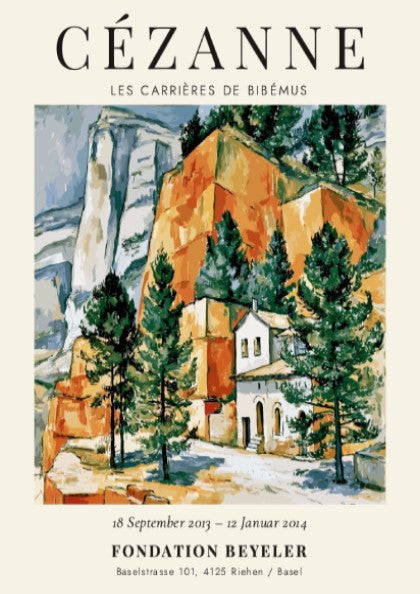 Cézanne exhibition poster featuring Les Carrières de Bibémus with vibrant colours and nature-inspired design