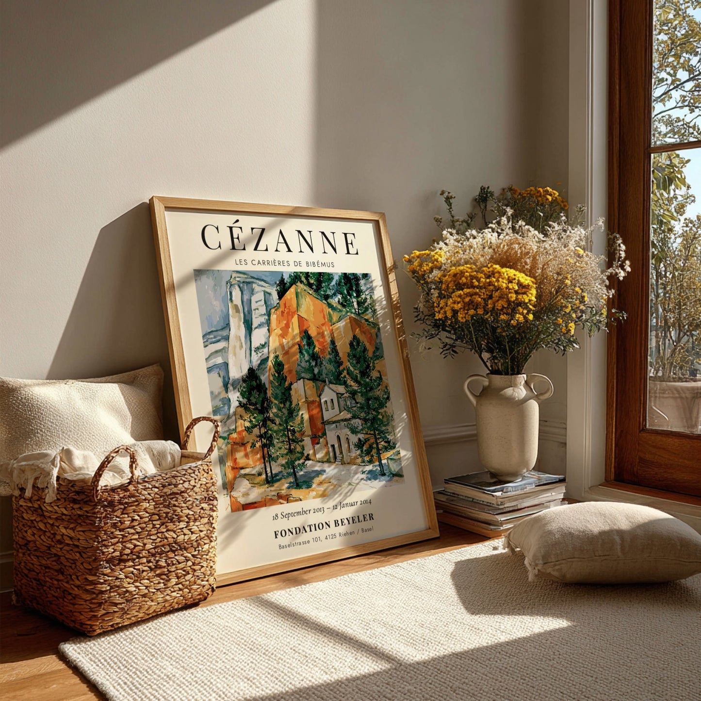 Cézanne exhibition poster featuring Les Carrières de Bibémus with vibrant colours and nature-inspired design