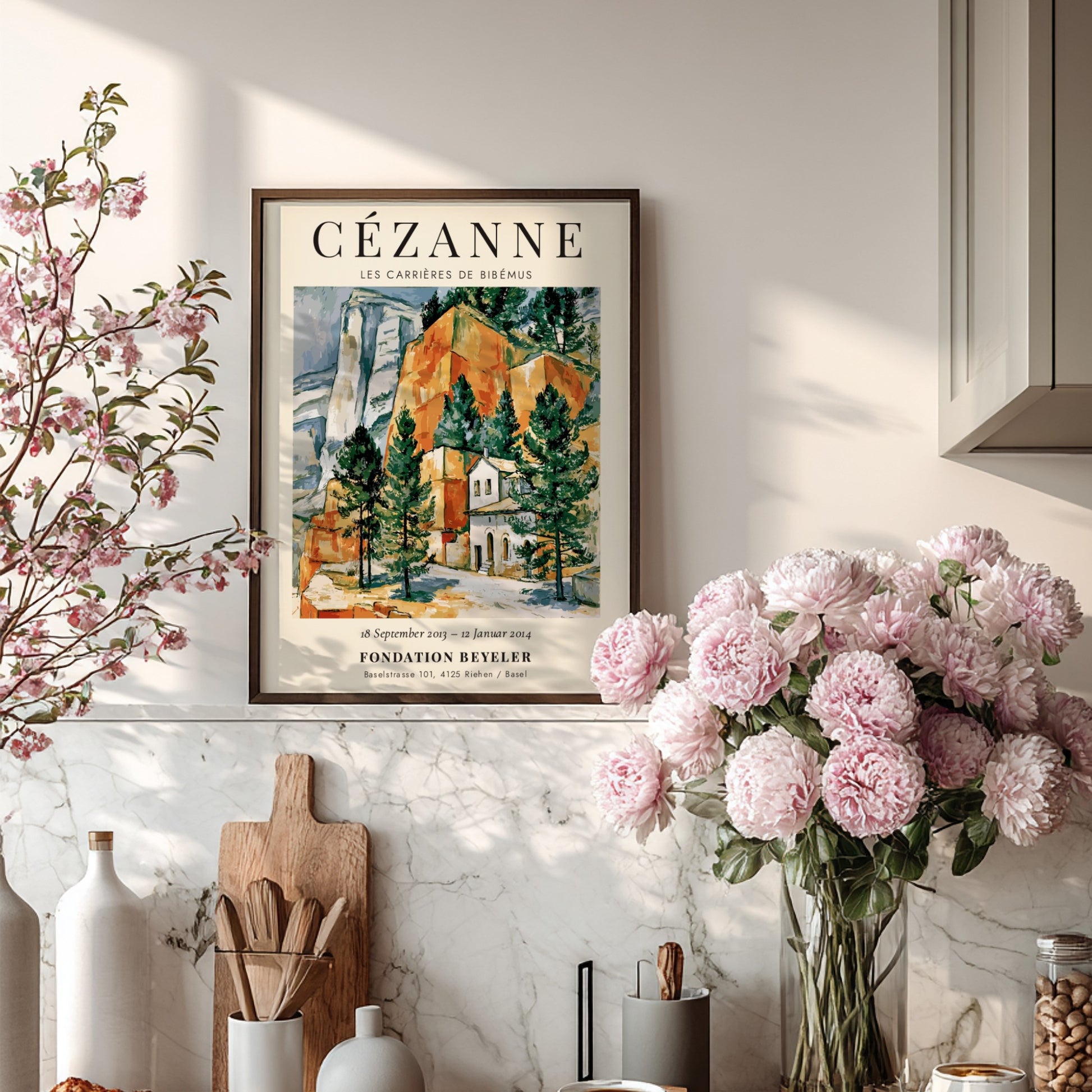 Cézanne exhibition poster featuring Les Carrières de Bibémus with vibrant colours and nature-inspired design
