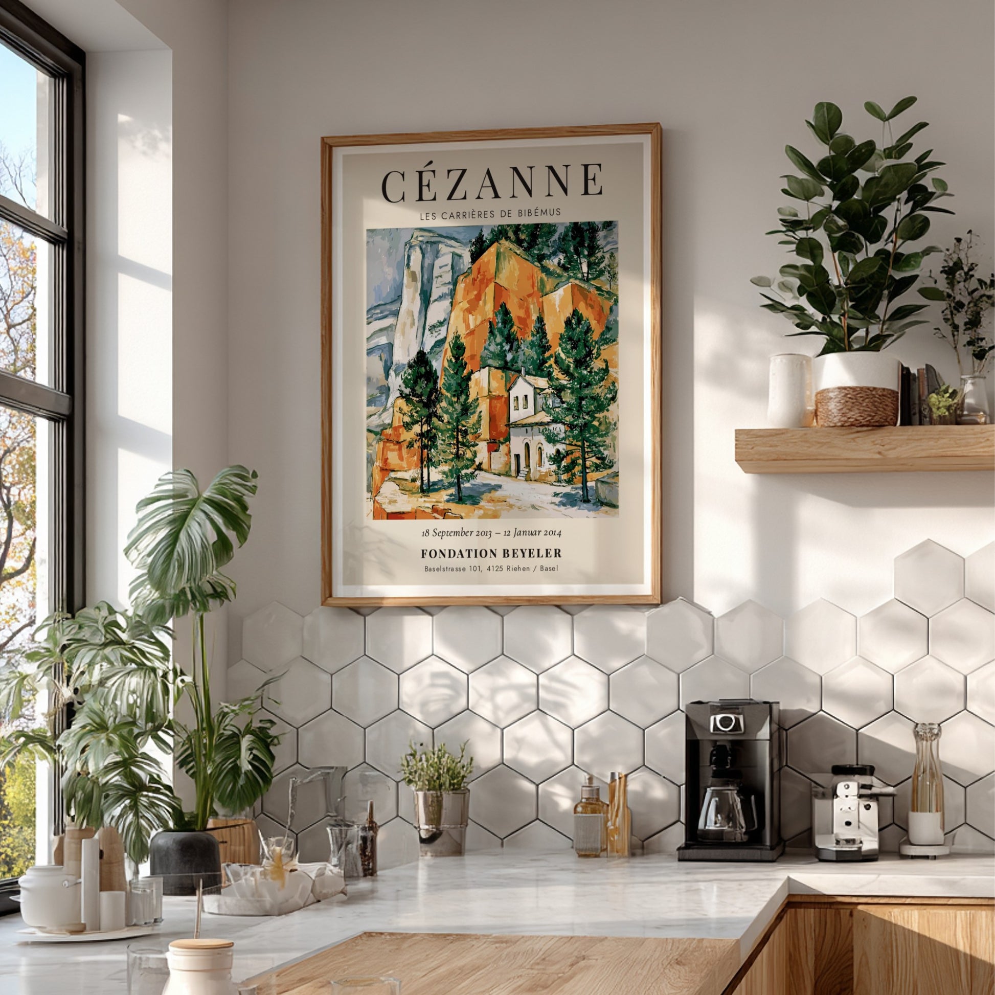 Cézanne exhibition poster featuring Les Carrières de Bibémus with vibrant colours and nature-inspired design