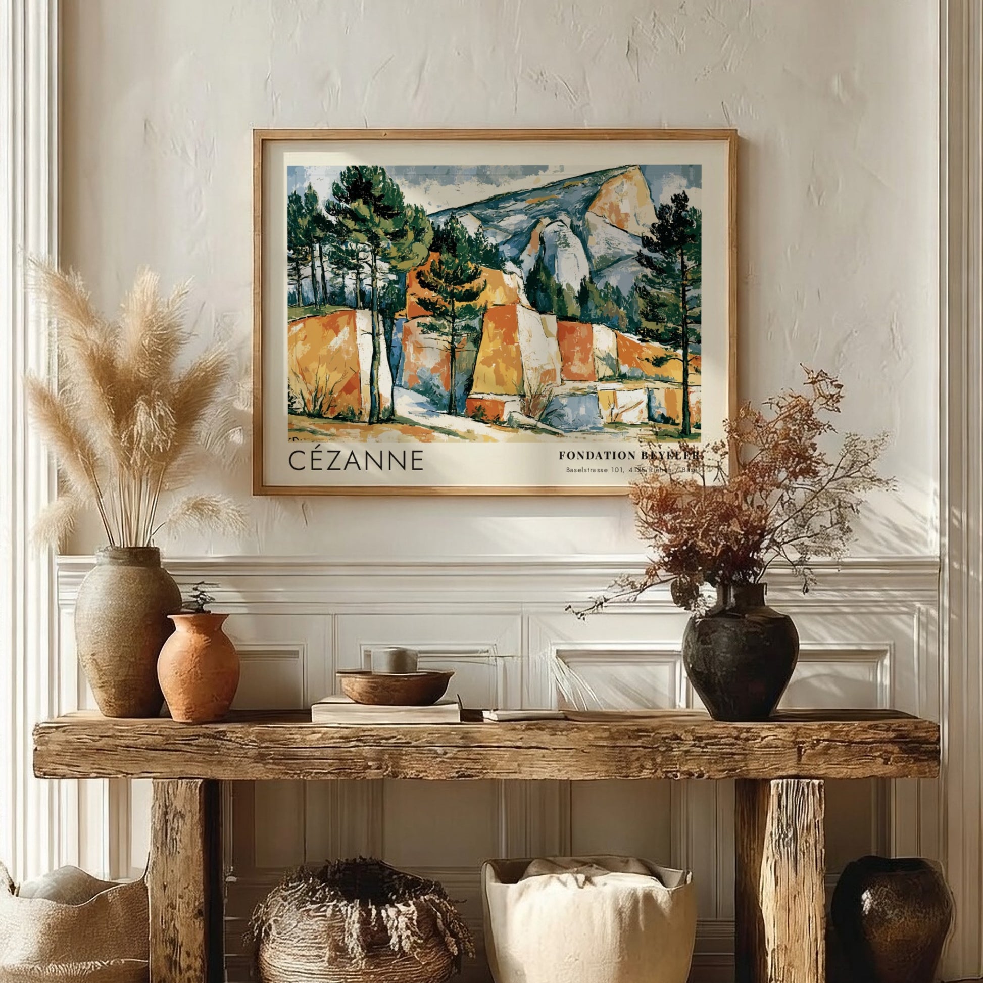 Wall art poster featuring Cézanne Les Carrières de Bibémus landscape with ochre rock formations.