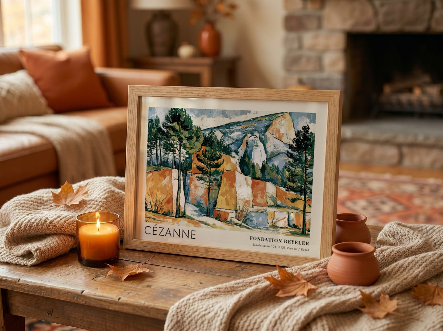 Wall art poster featuring Cézanne Les Carrières de Bibémus landscape with ochre rock formations.