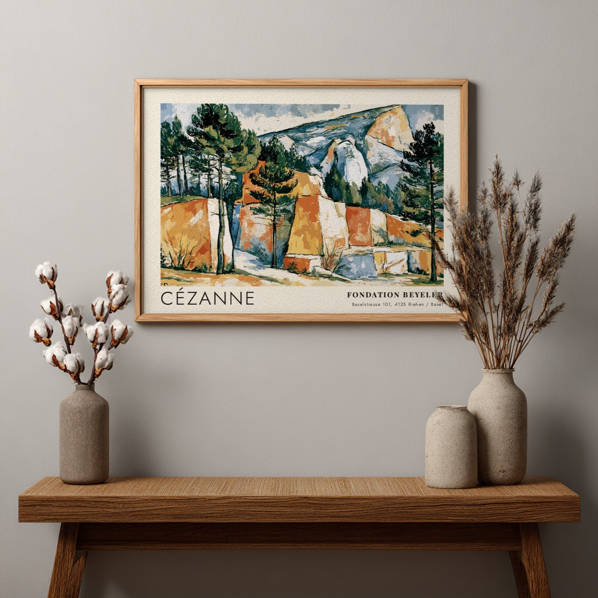 Wall art poster featuring Cézanne Les Carrières de Bibémus landscape with ochre rock formations.