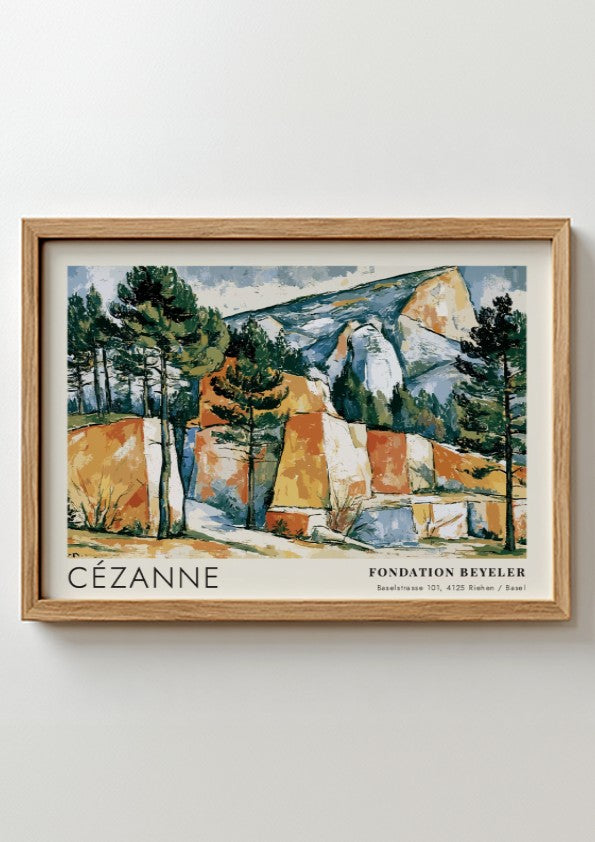 Wall art poster featuring Cézanne Les Carrières de Bibémus landscape with ochre rock formations.