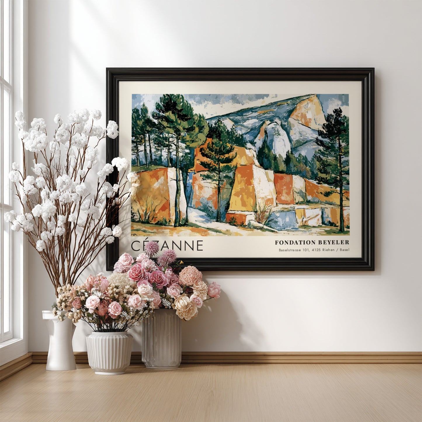 Wall art poster featuring Cézanne Les Carrières de Bibémus landscape with ochre rock formations.