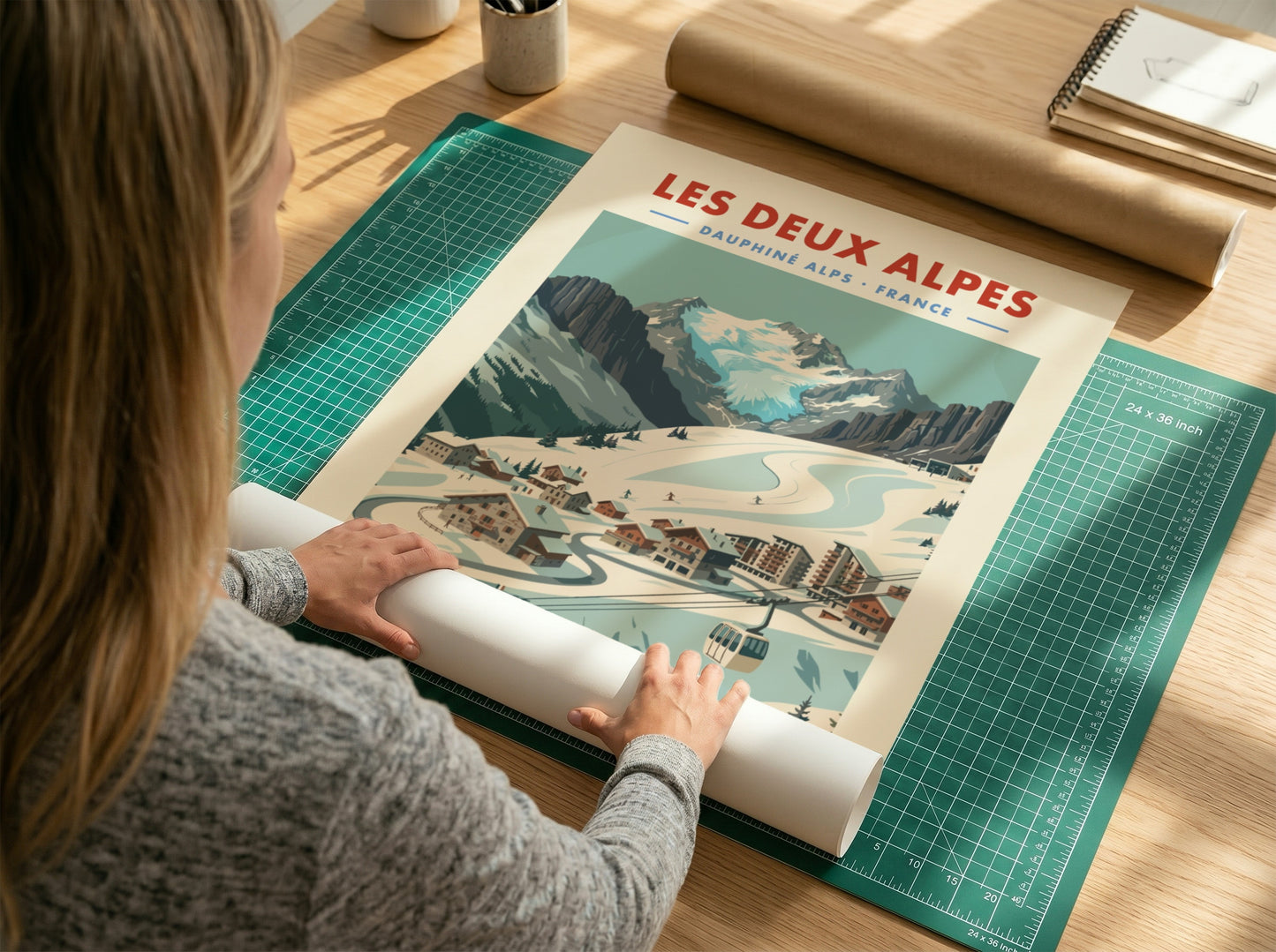 Les Deux Alpes ski resort poster featuring vintage style, snow-covered mountains, and charming chalets in