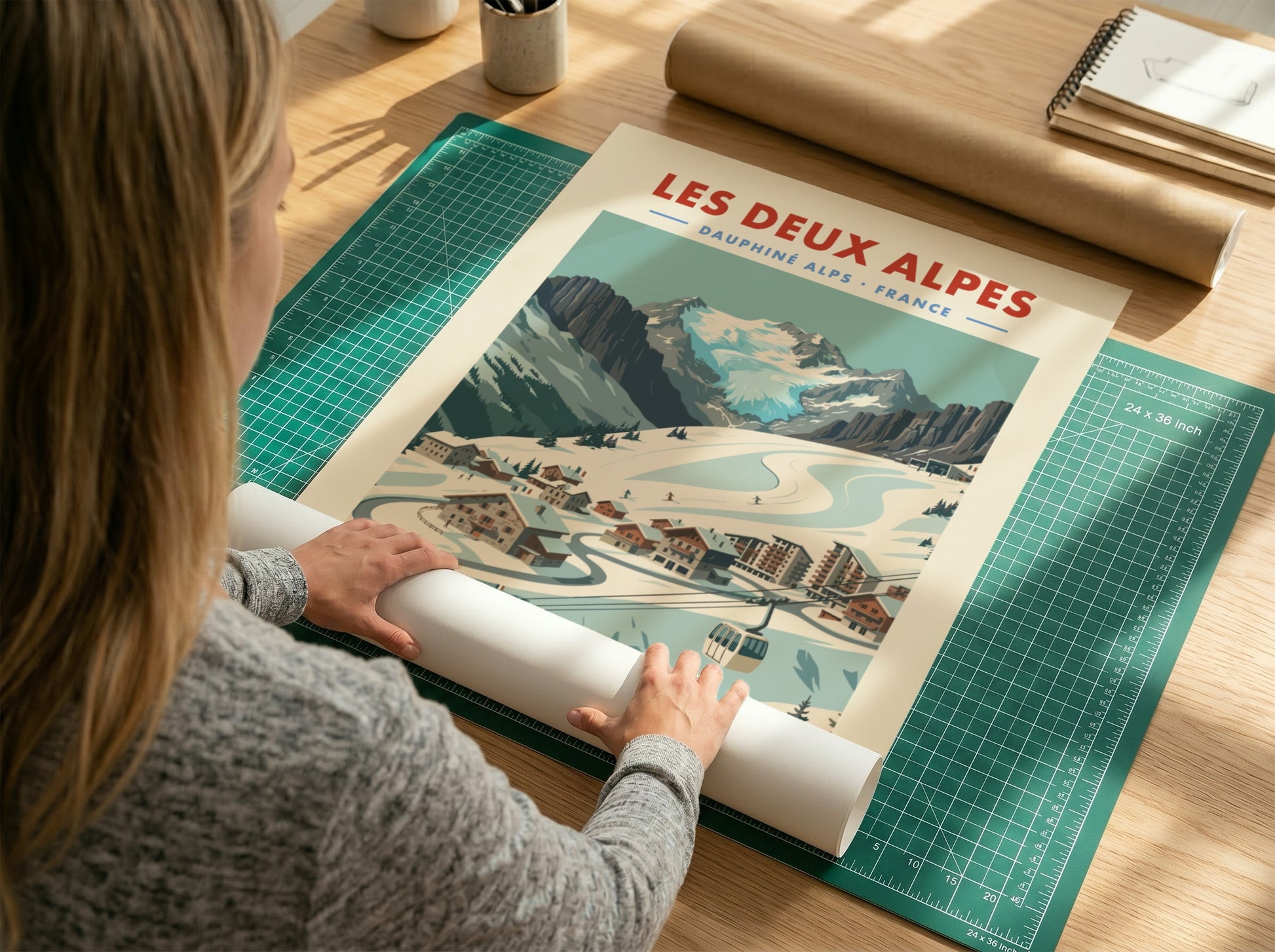 Les Deux Alpes ski resort poster featuring vintage style, snow-covered mountains, and charming chalets in