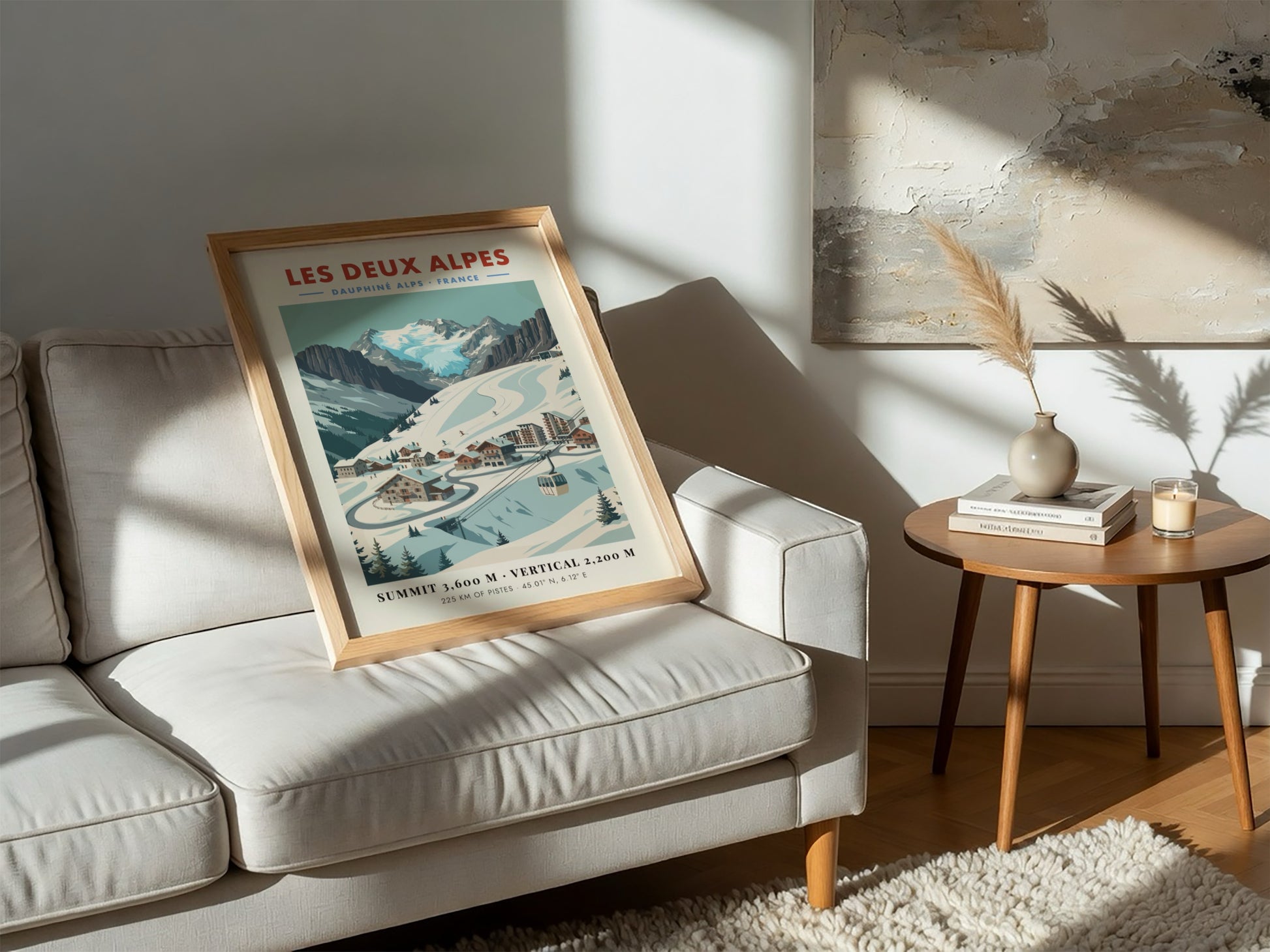 Les Deux Alpes ski resort poster featuring vintage style, snow-covered mountains, and charming chalets in