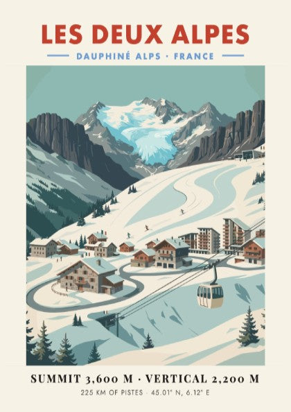 Les Deux Alpes ski resort poster featuring vintage style, snow-covered mountains, and charming chalets in