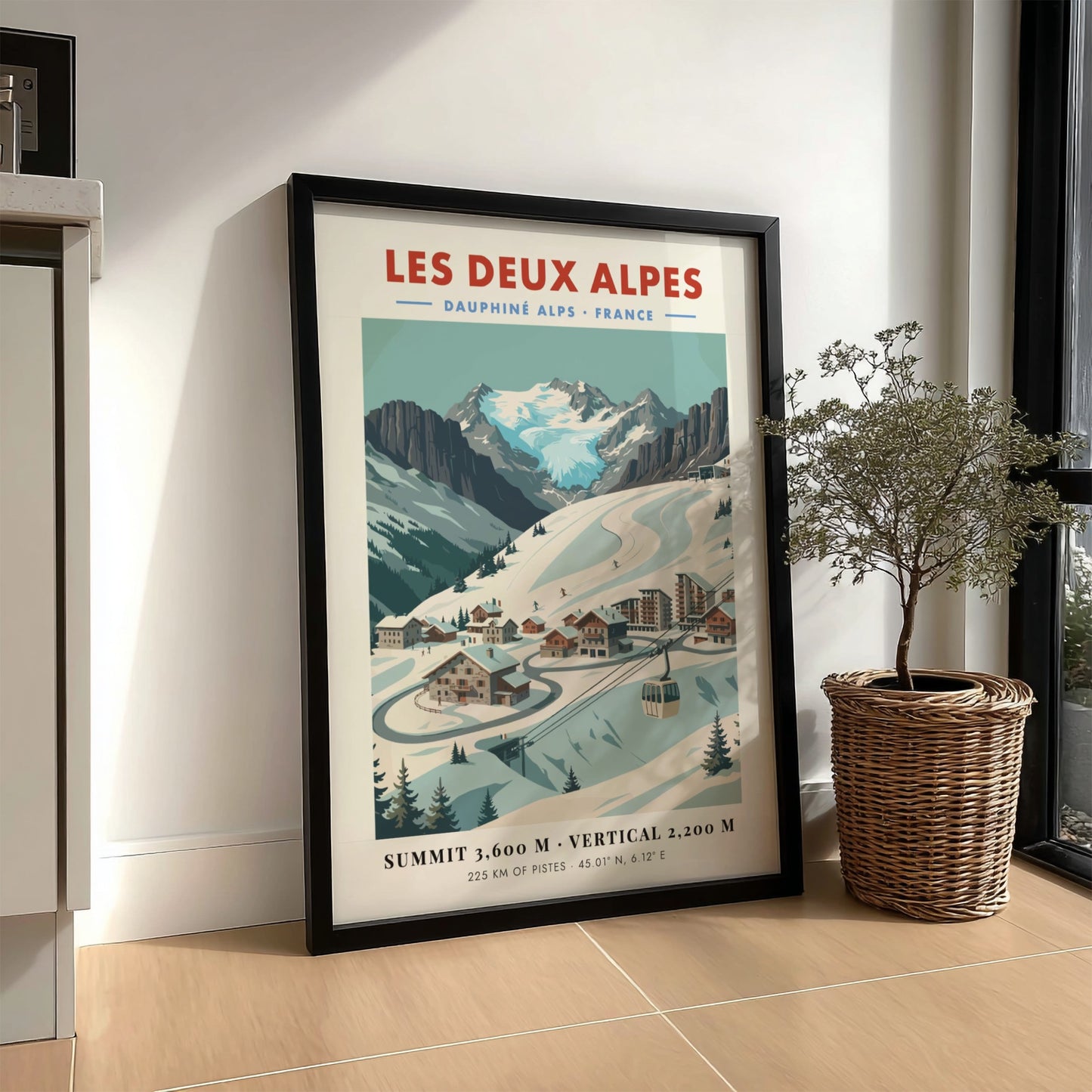Les Deux Alpes ski resort poster featuring vintage style, snow-covered mountains, and charming chalets in