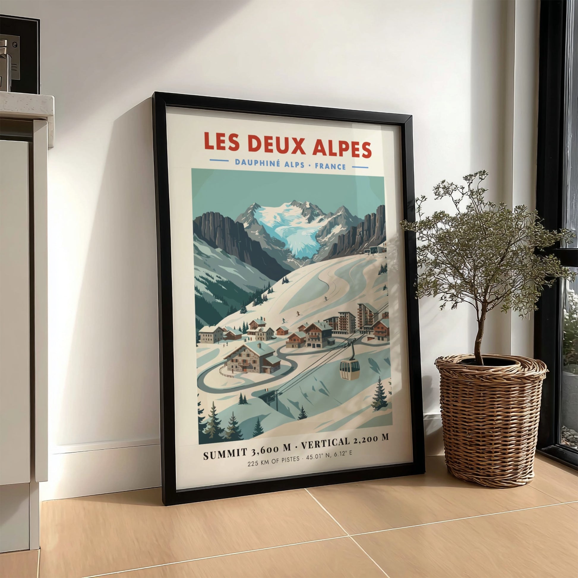 Les Deux Alpes ski resort poster featuring vintage style, snow-covered mountains, and charming chalets in