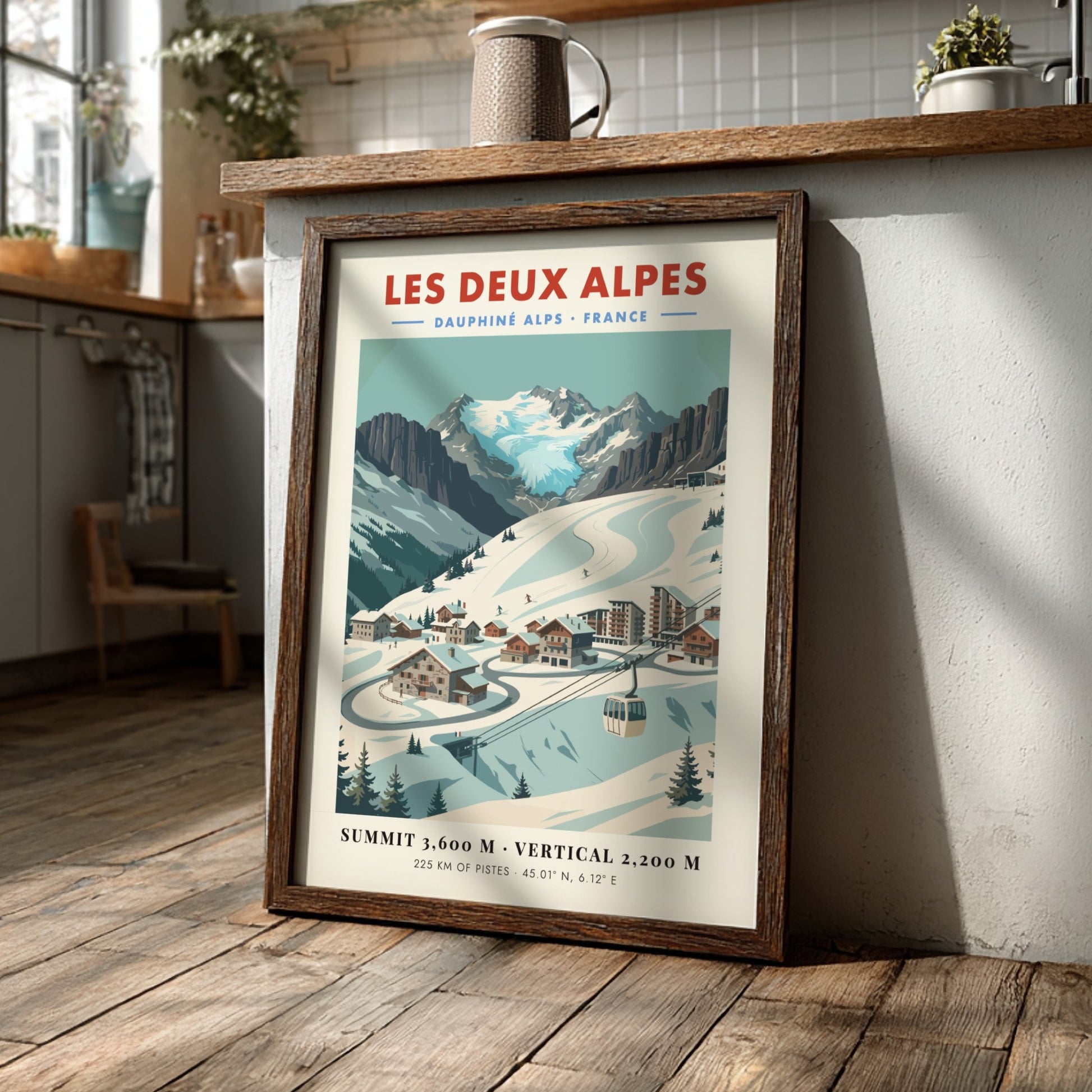 Les Deux Alpes ski resort poster featuring vintage style, snow-covered mountains, and charming chalets in