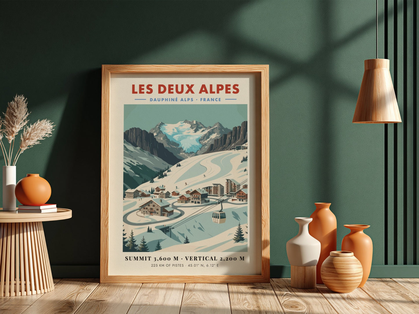 Les Deux Alpes ski resort poster featuring vintage style, snow-covered mountains, and charming chalets in