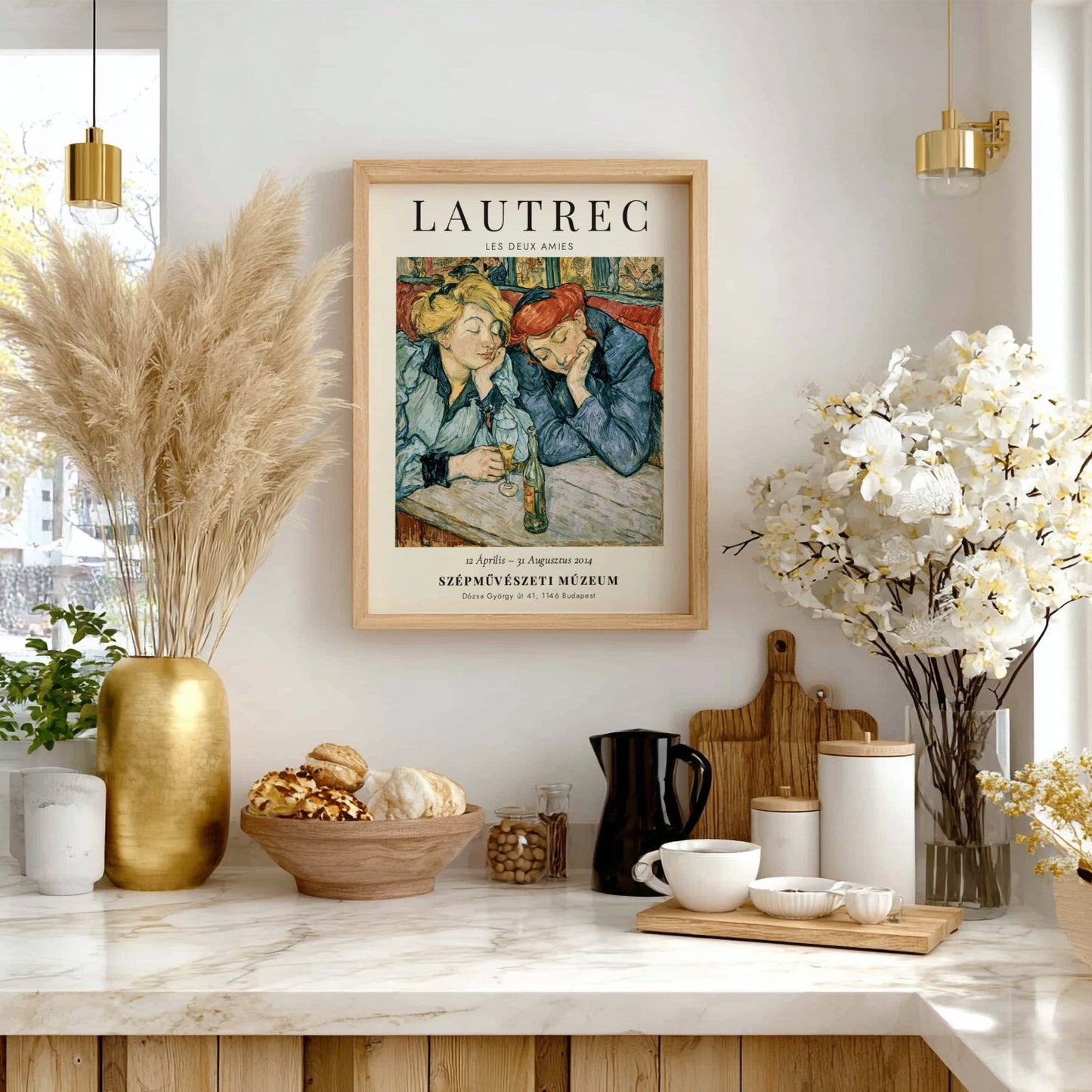Les Deux Amies poster featuring Toulouse-Lautrec's art style with soft yellow and blue colors