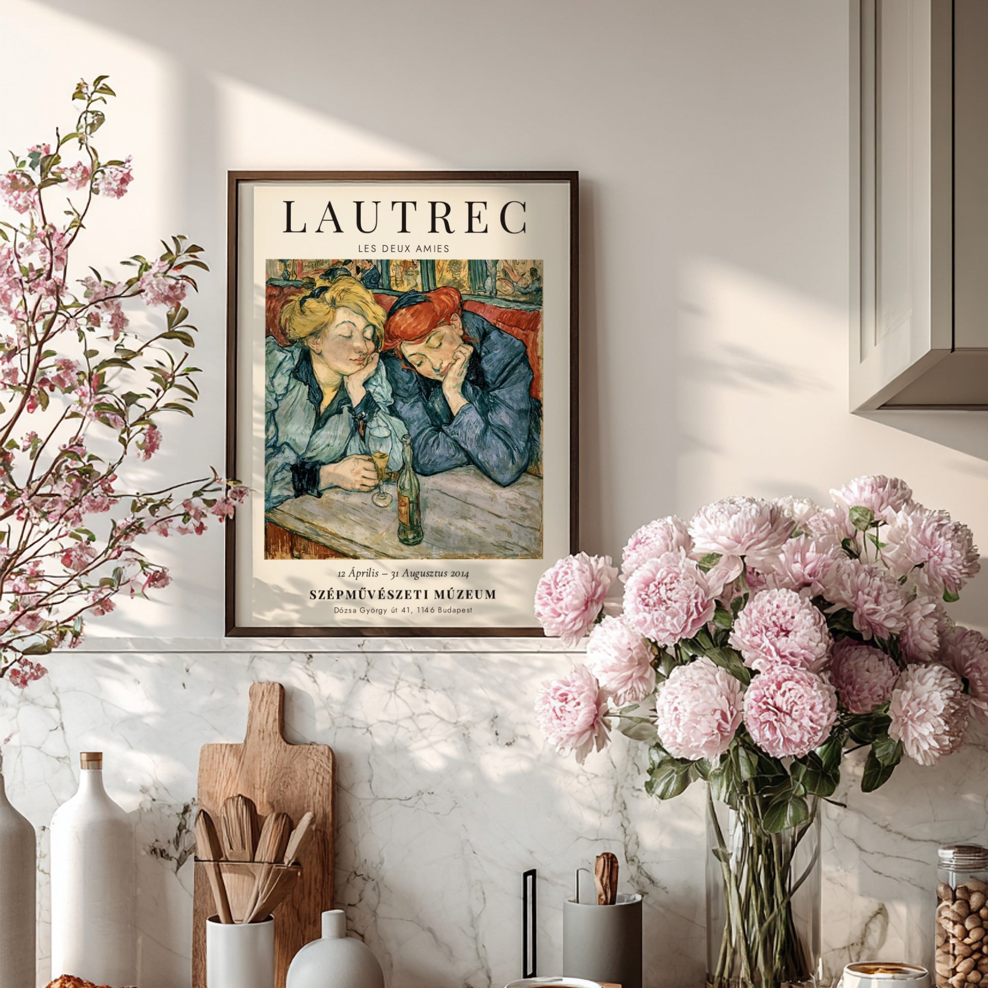 Les Deux Amies poster featuring Toulouse-Lautrec's art style with soft yellow and blue colors