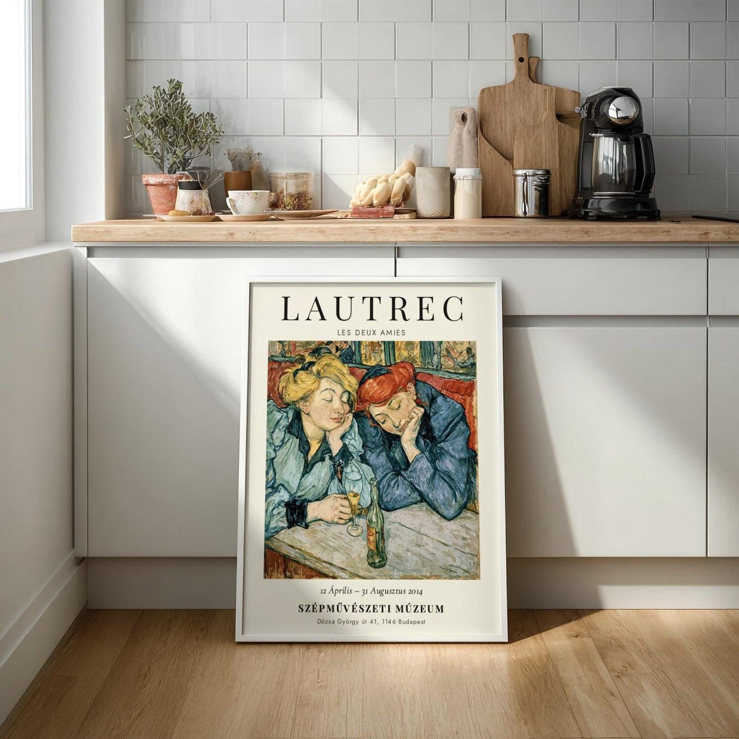 Les Deux Amies poster featuring Toulouse-Lautrec's art style with soft yellow and blue colors
