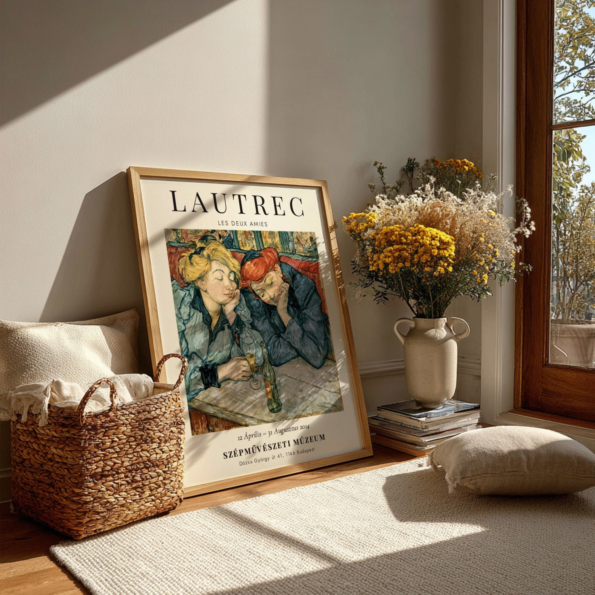 Les Deux Amies poster featuring Toulouse-Lautrec's art style with soft yellow and blue colors