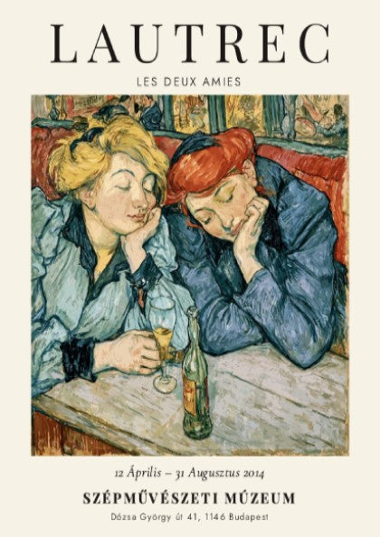 Les Deux Amies poster featuring Toulouse-Lautrec's art style with soft yellow and blue colors