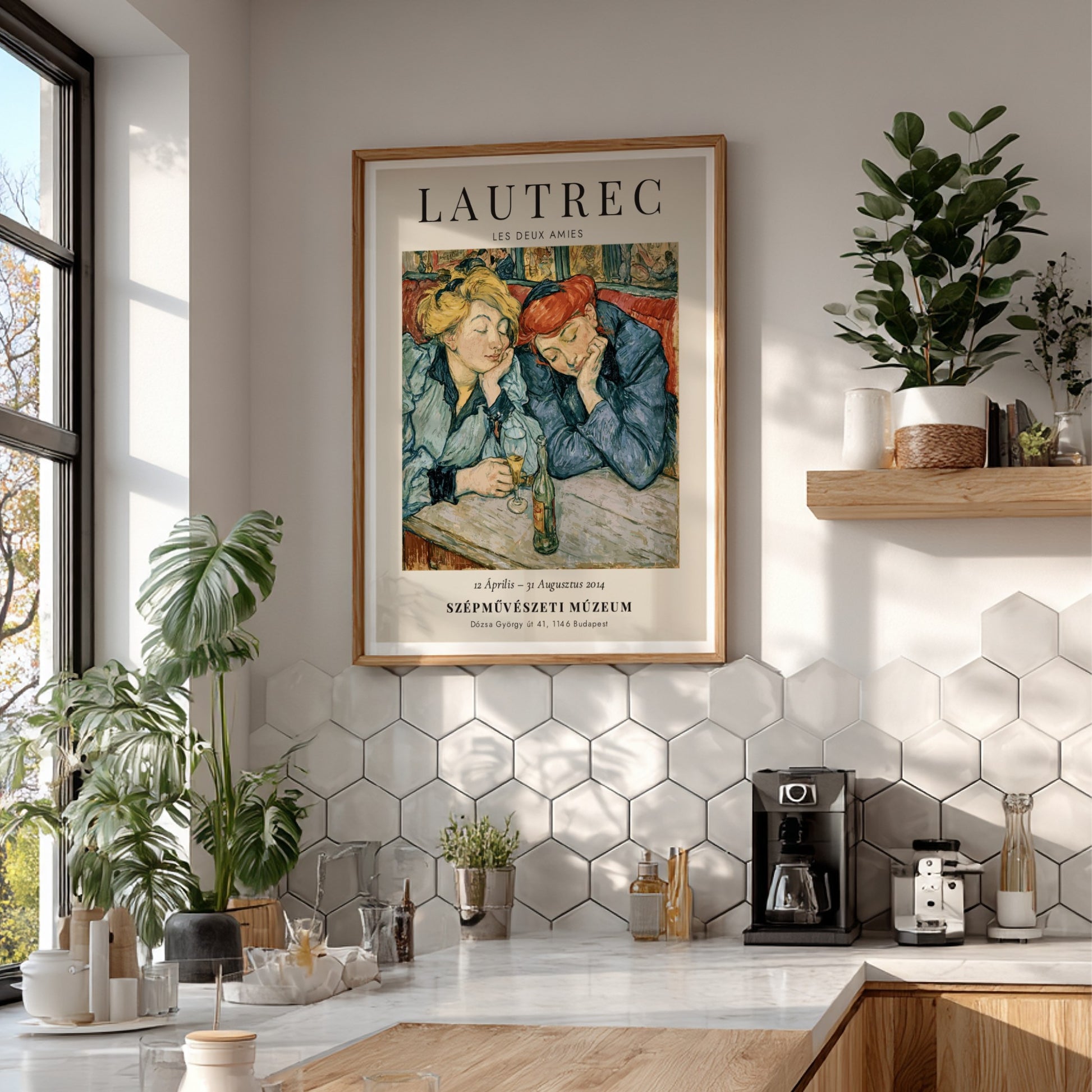 Les Deux Amies poster featuring Toulouse-Lautrec's art style with soft yellow and blue colors