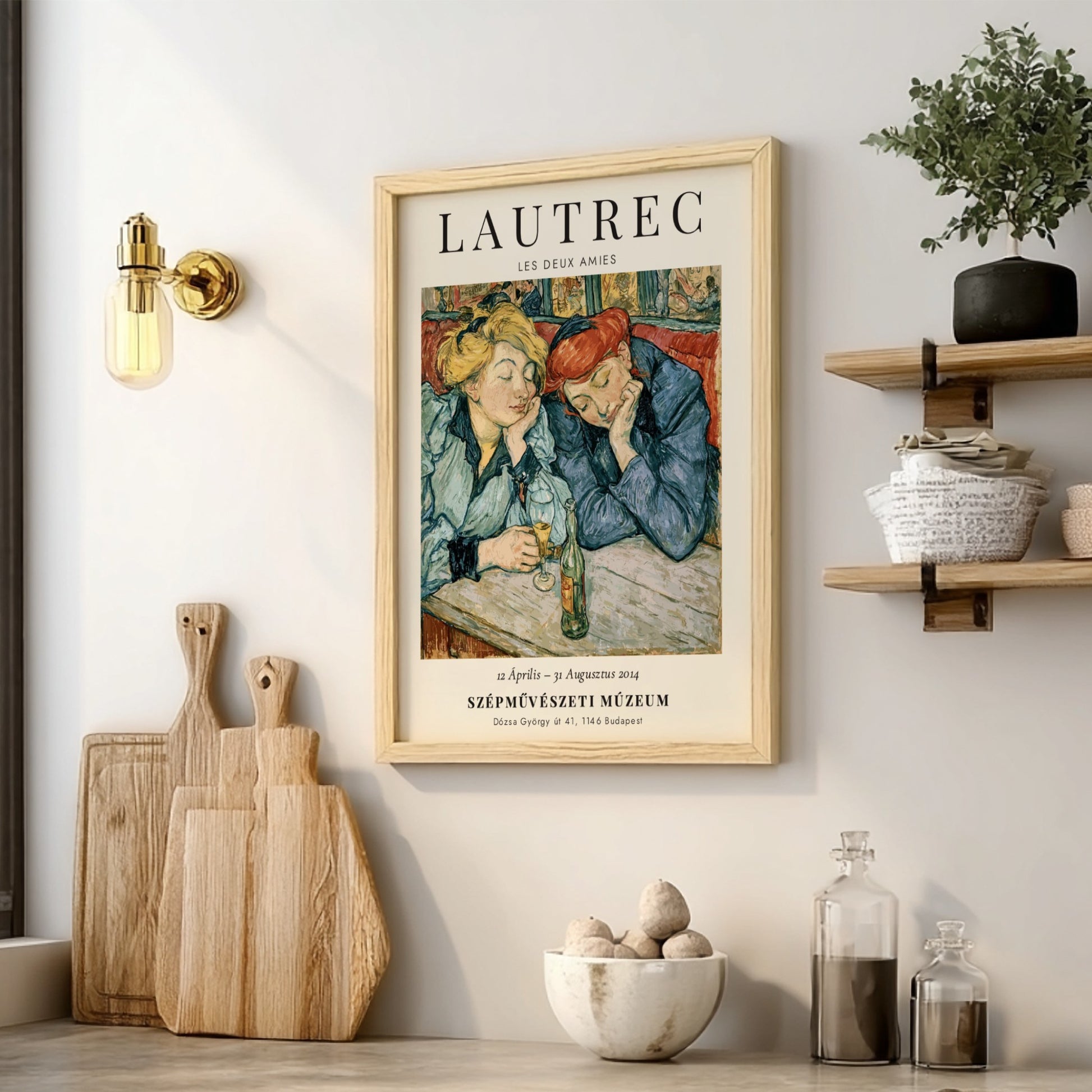 Les Deux Amies poster featuring Toulouse-Lautrec's art style with soft yellow and blue colors