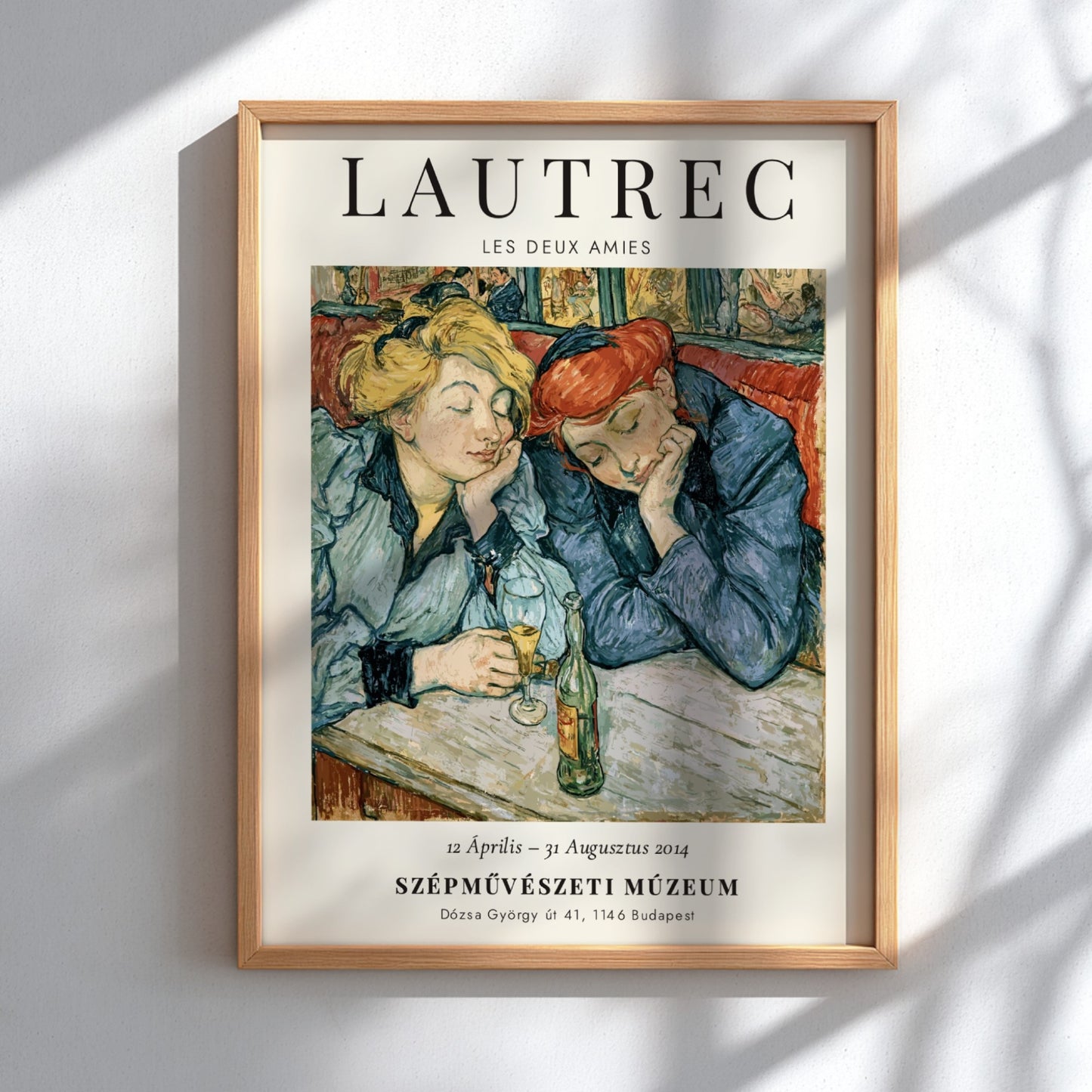 Les Deux Amies poster featuring Toulouse-Lautrec's art style with soft yellow and blue colors