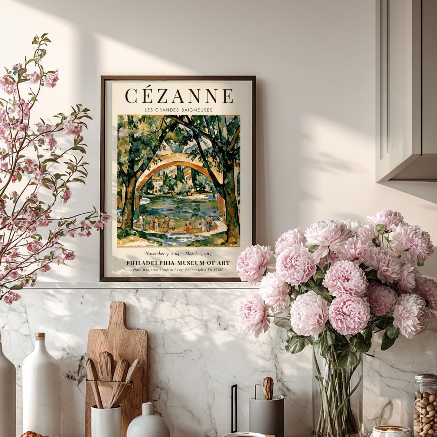 Cézanne Exhibition Poster featuring Les Grandes Baigneuses in vibrant colors and impressionist style