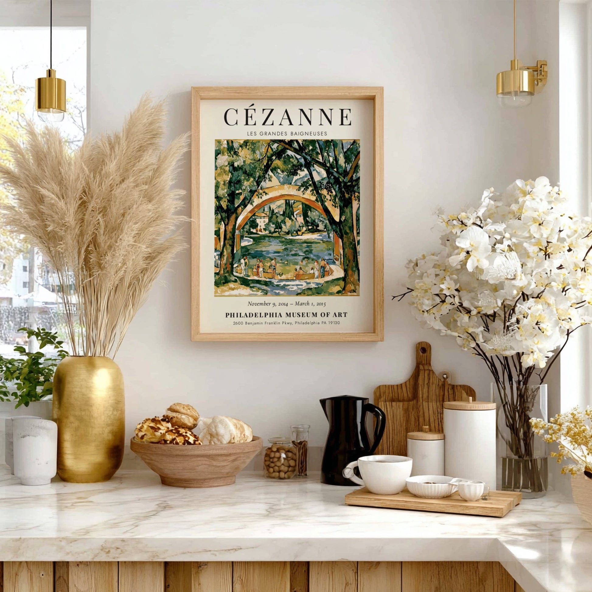Cézanne Exhibition Poster featuring Les Grandes Baigneuses in vibrant colors and impressionist style