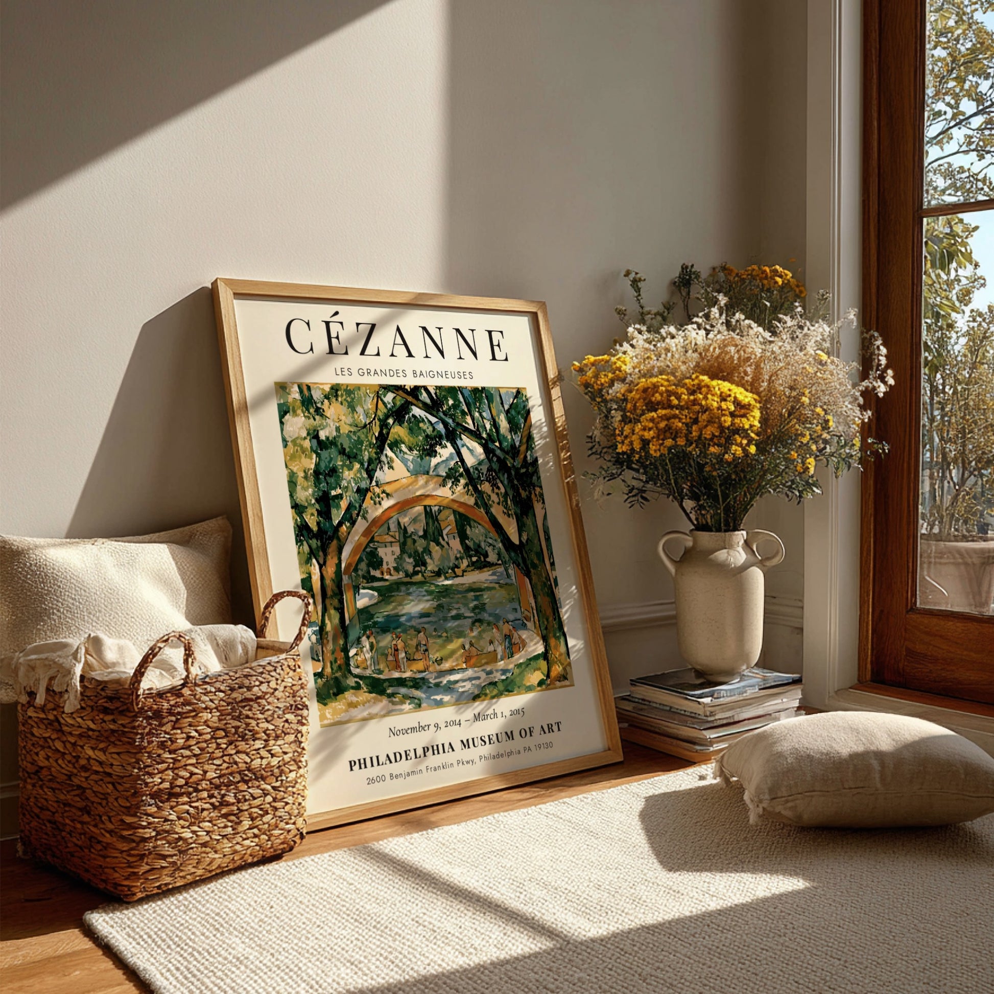 Cézanne Exhibition Poster featuring Les Grandes Baigneuses in vibrant colors and impressionist style