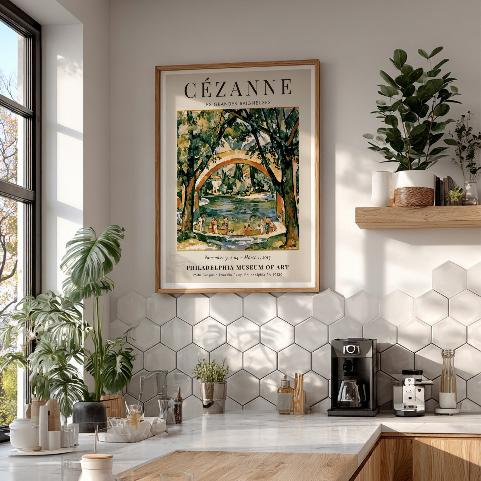 Cézanne Exhibition Poster featuring Les Grandes Baigneuses in vibrant colors and impressionist style
