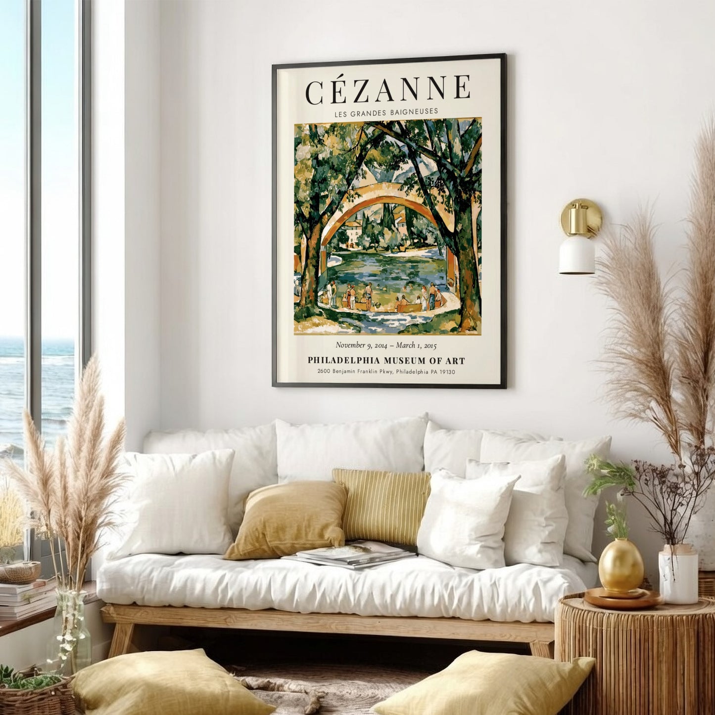 Cézanne Exhibition Poster featuring Les Grandes Baigneuses in vibrant colors and impressionist style