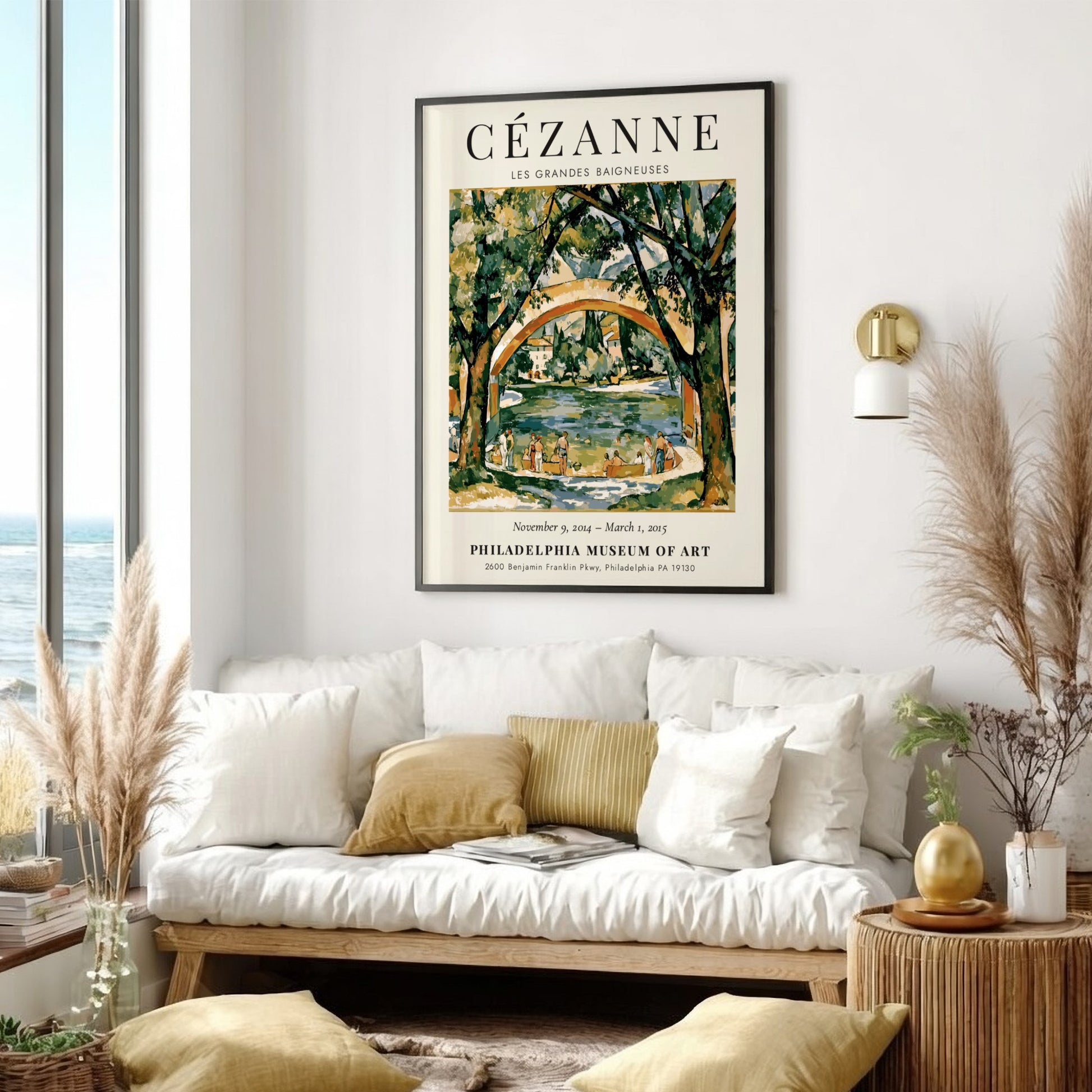 Cézanne Exhibition Poster featuring Les Grandes Baigneuses in vibrant colors and impressionist style