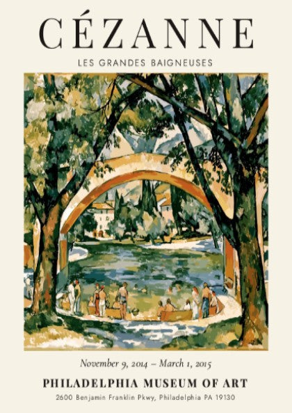 Cézanne Exhibition Poster featuring Les Grandes Baigneuses in vibrant colors and impressionist style