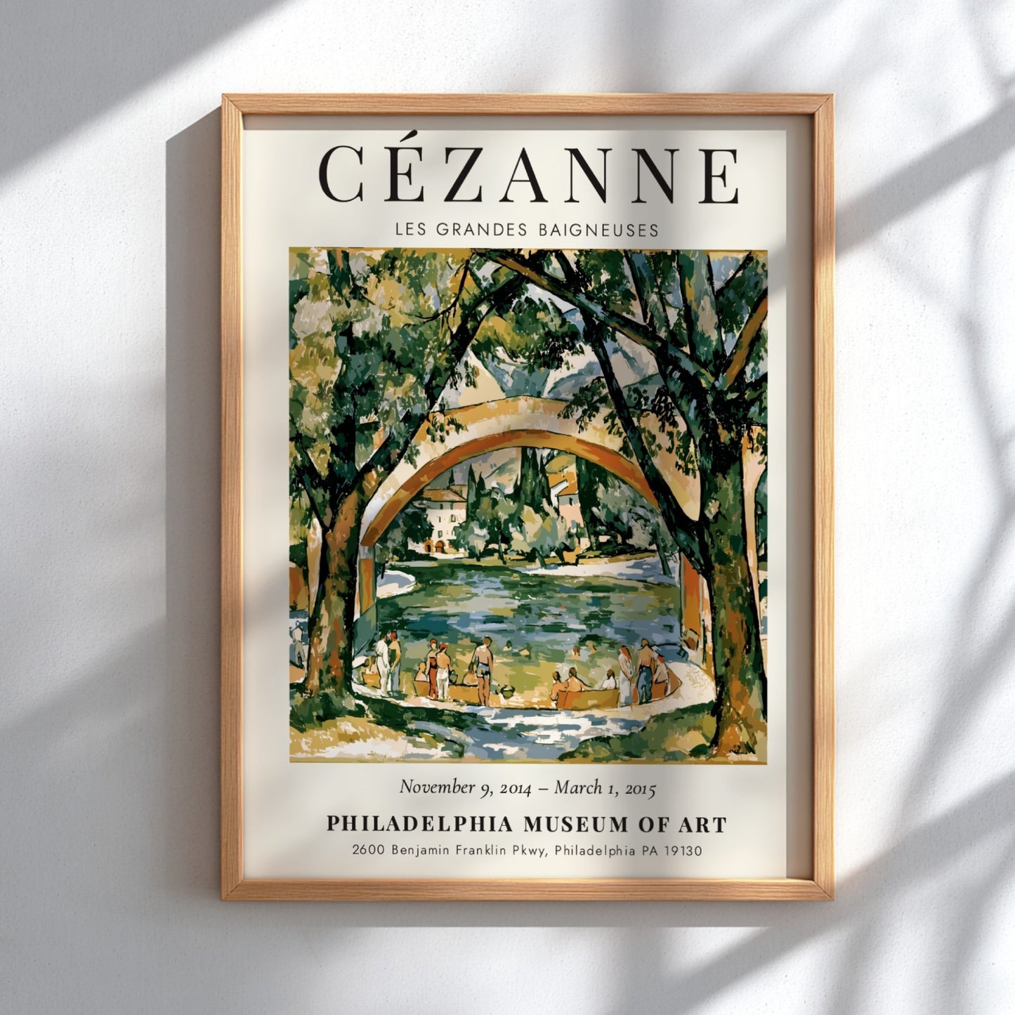 Cézanne Exhibition Poster featuring Les Grandes Baigneuses in vibrant colors and impressionist style