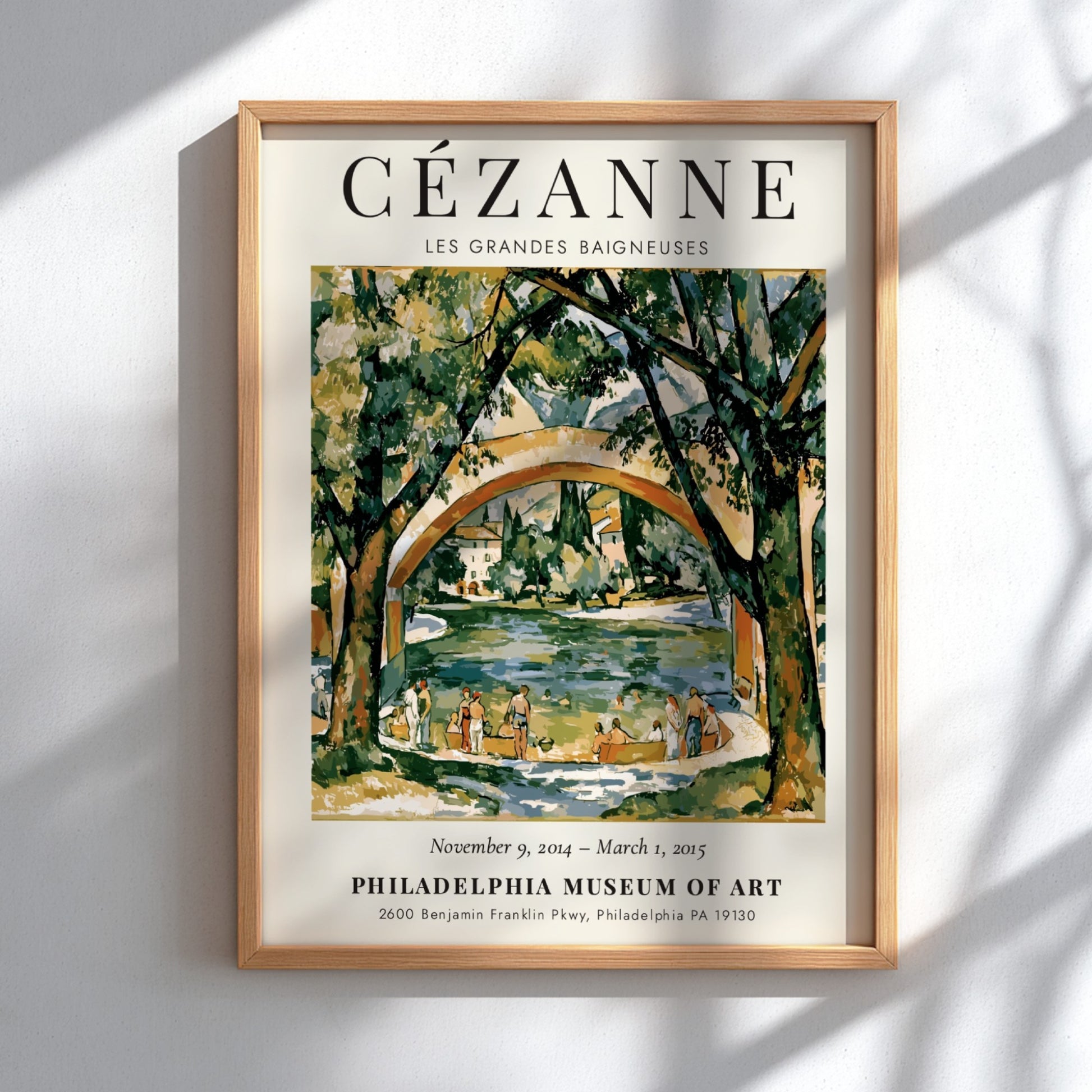 Cézanne Exhibition Poster featuring Les Grandes Baigneuses in vibrant colors and impressionist style