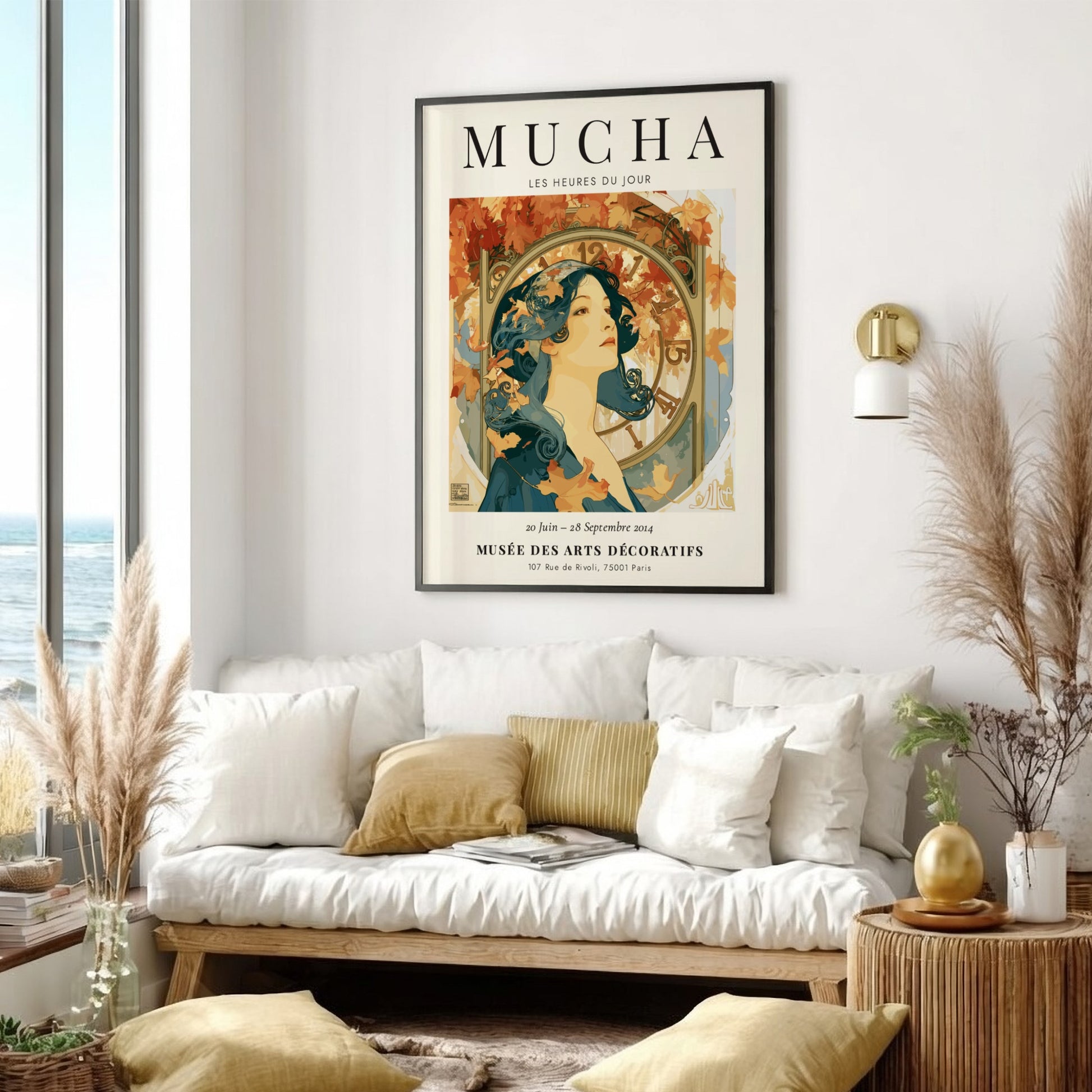 Les Heures du Jour poster featuring Alphonse Mucha's art style with warm autumn colors and elegant figure
