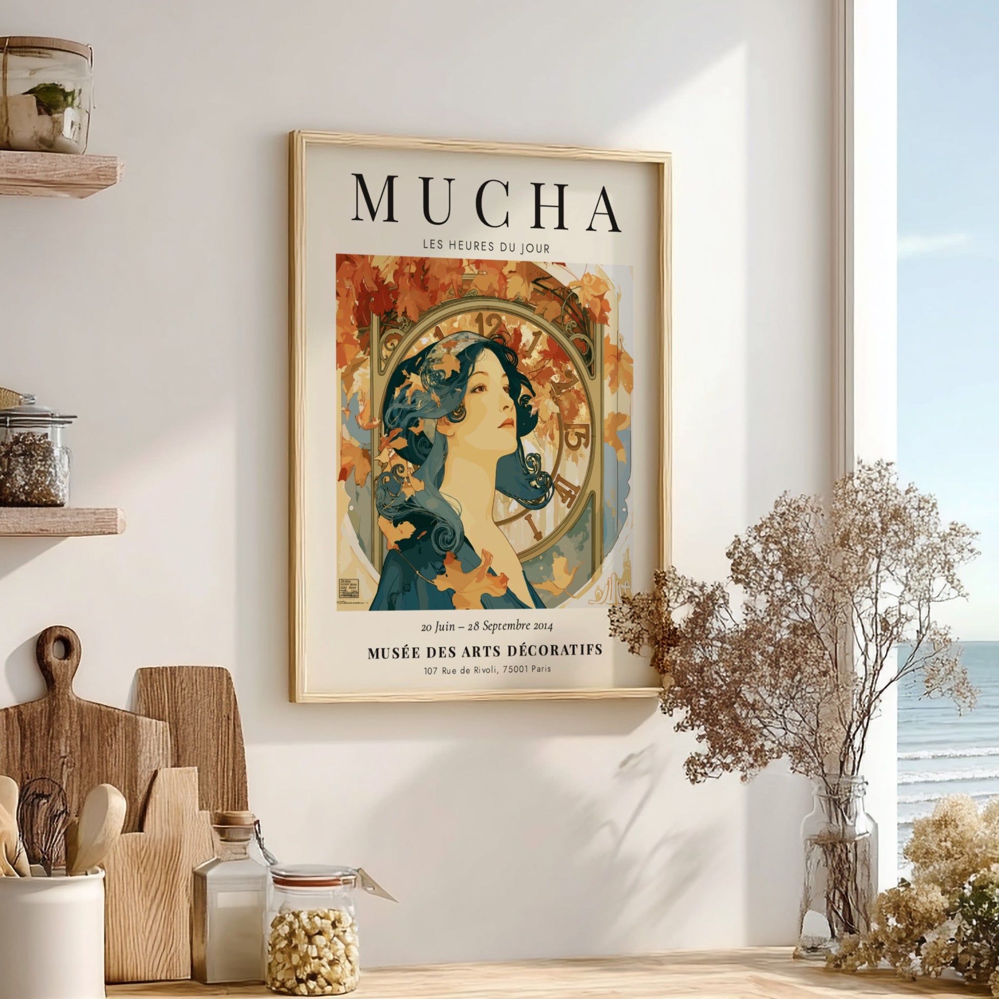 Les Heures du Jour poster featuring Alphonse Mucha's art style with warm autumn colors and elegant figure