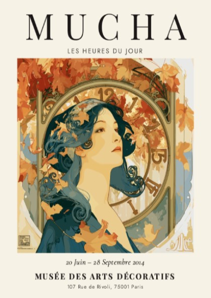 Les Heures du Jour poster featuring Alphonse Mucha's art style with warm autumn colors and elegant figure