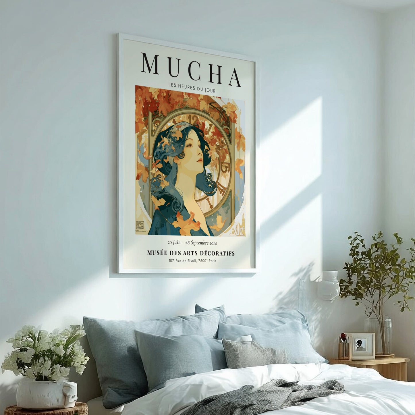 Les Heures du Jour poster featuring Alphonse Mucha's art style with warm autumn colors and elegant figure
