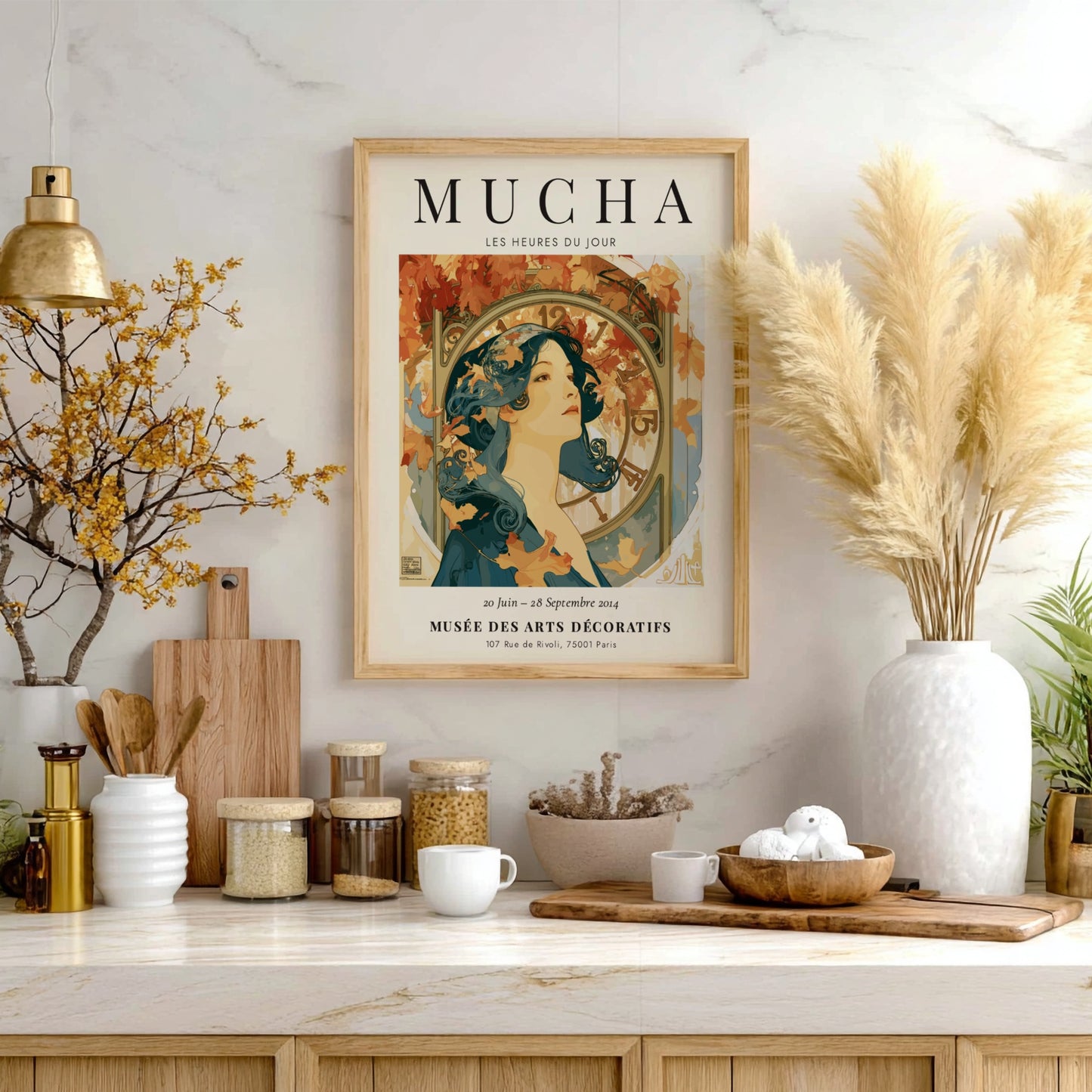 Les Heures du Jour poster featuring Alphonse Mucha's art style with warm autumn colors and elegant figure