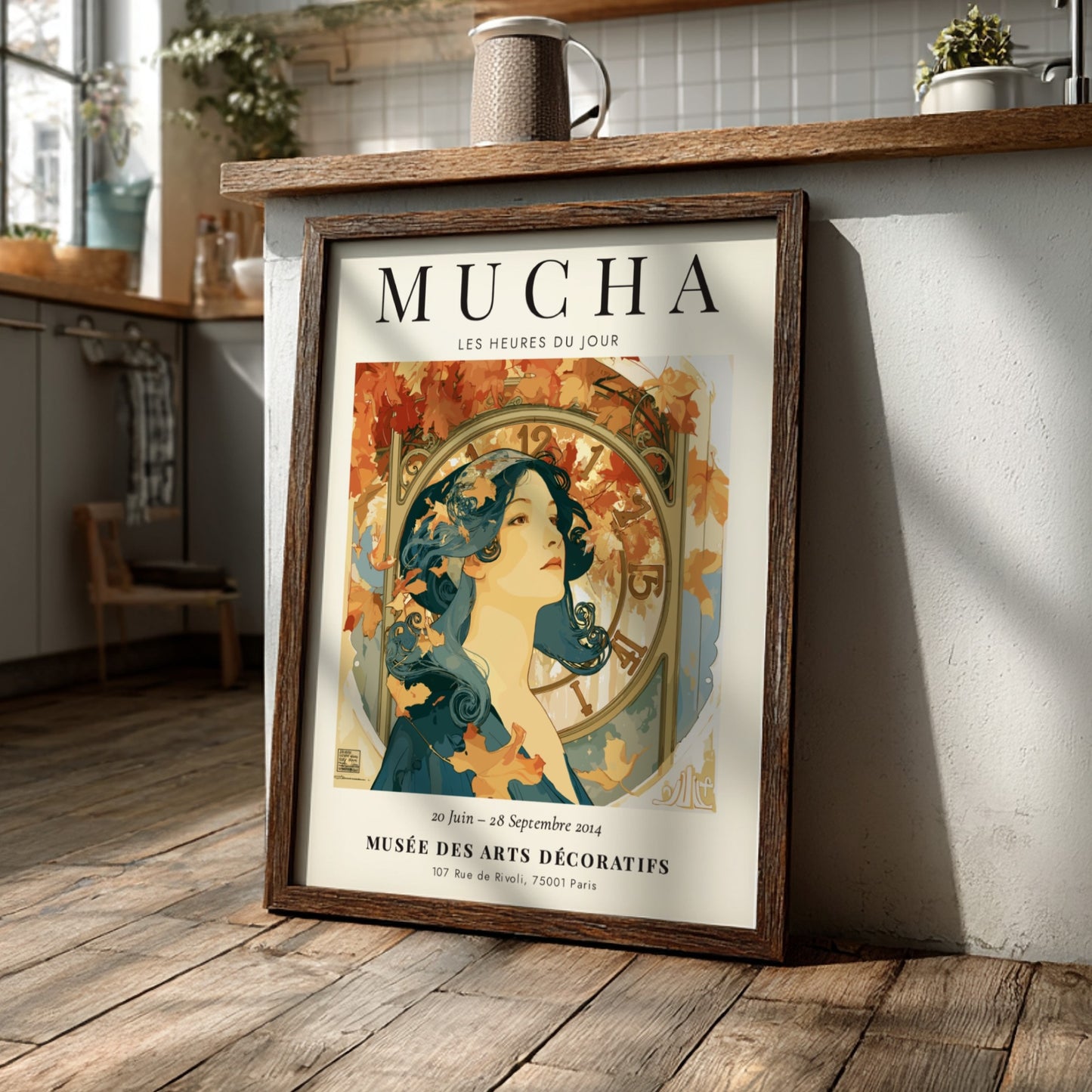 Les Heures du Jour poster featuring Alphonse Mucha's art style with warm autumn colors and elegant figure