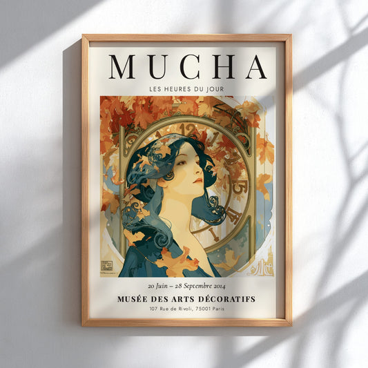 Les Heures du Jour poster featuring Alphonse Mucha's art style with warm autumn colors and elegant figure